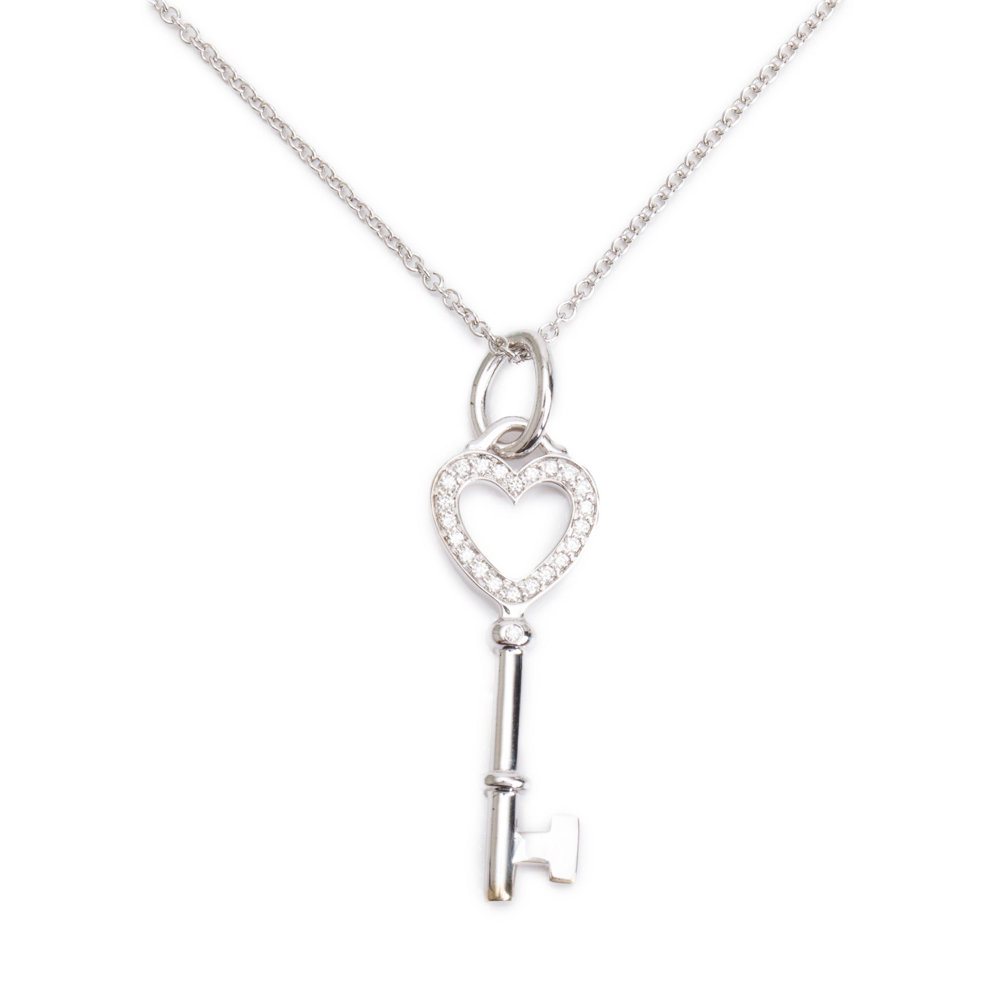 Tiffany & Co. 18k White Gold Diamond Heart Key Pendant w/ Box