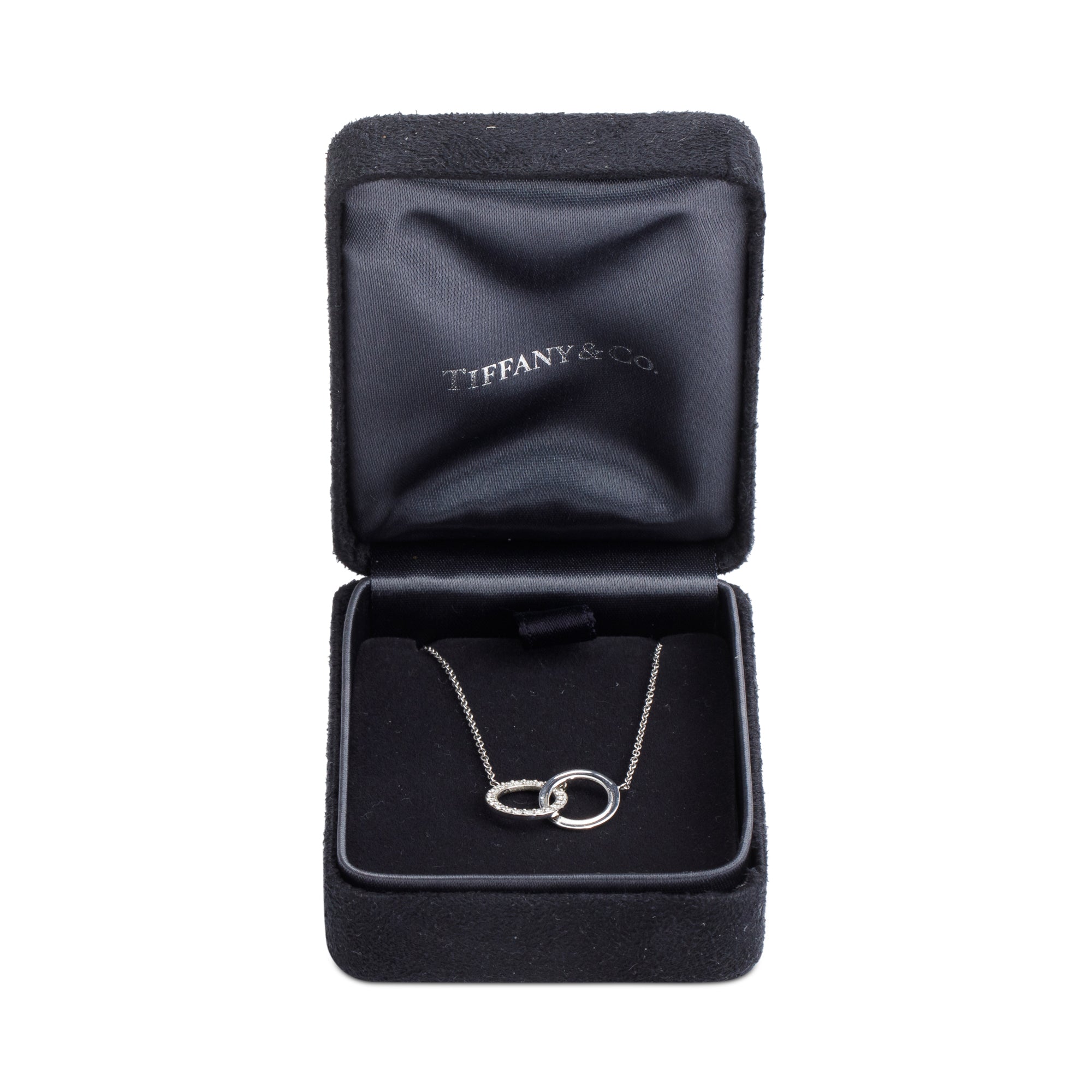 Tiffany & Co. 18k White Gold Diamond Interlocking Circles Pendant Necklace w/ Box