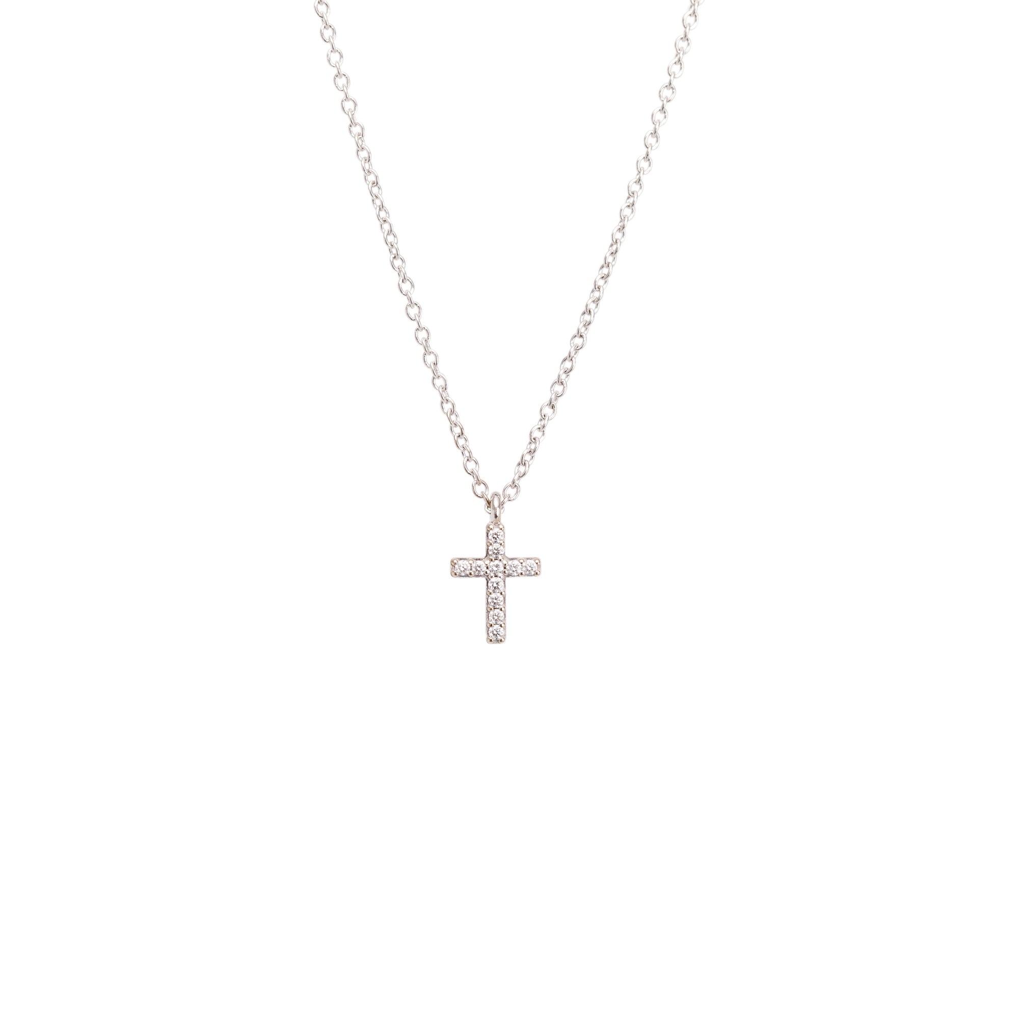 Tiffany & Co. 18k White Gold Diamond Mini Cross Pendant Necklace
