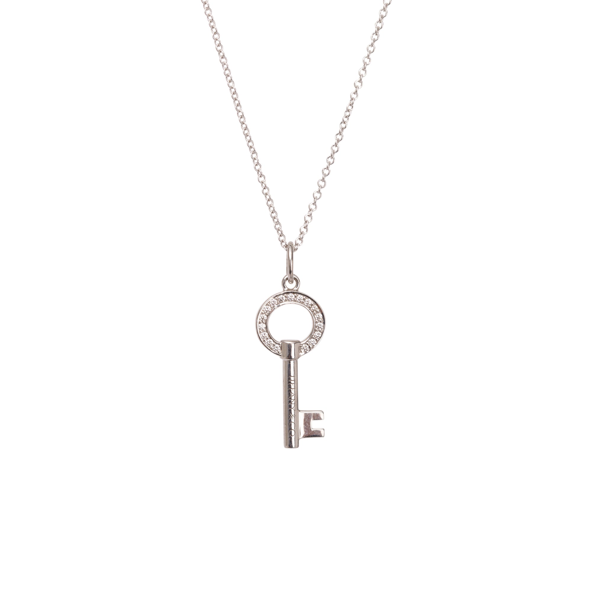 Tiffany & Co. 18k White Gold Diamond Modern Keys Open Round Key Pendant Necklace
