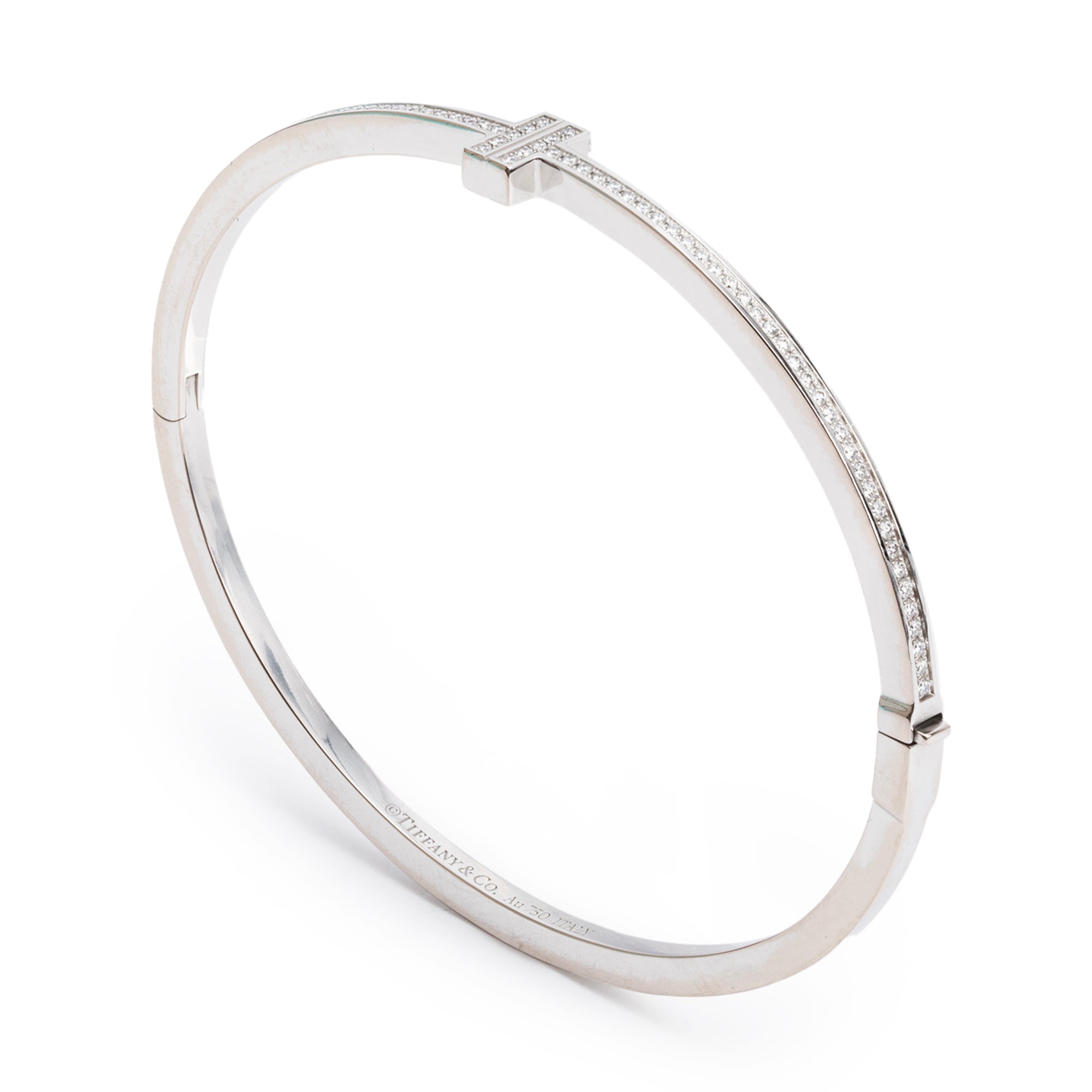 Tiffany & Co. 18k White Gold & Diamond T Hinged Wire Bracelet w/ Box
