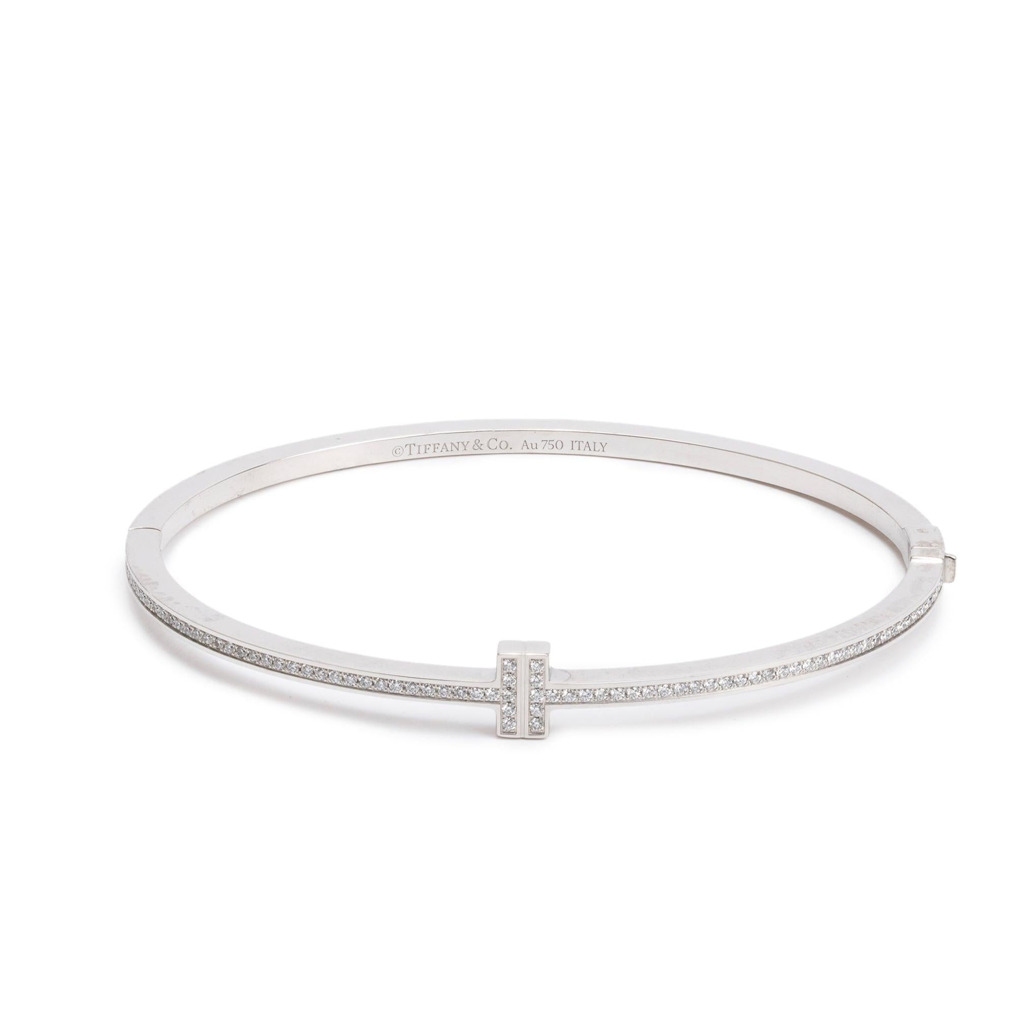 Tiffany & Co. 18k White Gold & Diamond T Hinged Wire Bracelet w/ Box