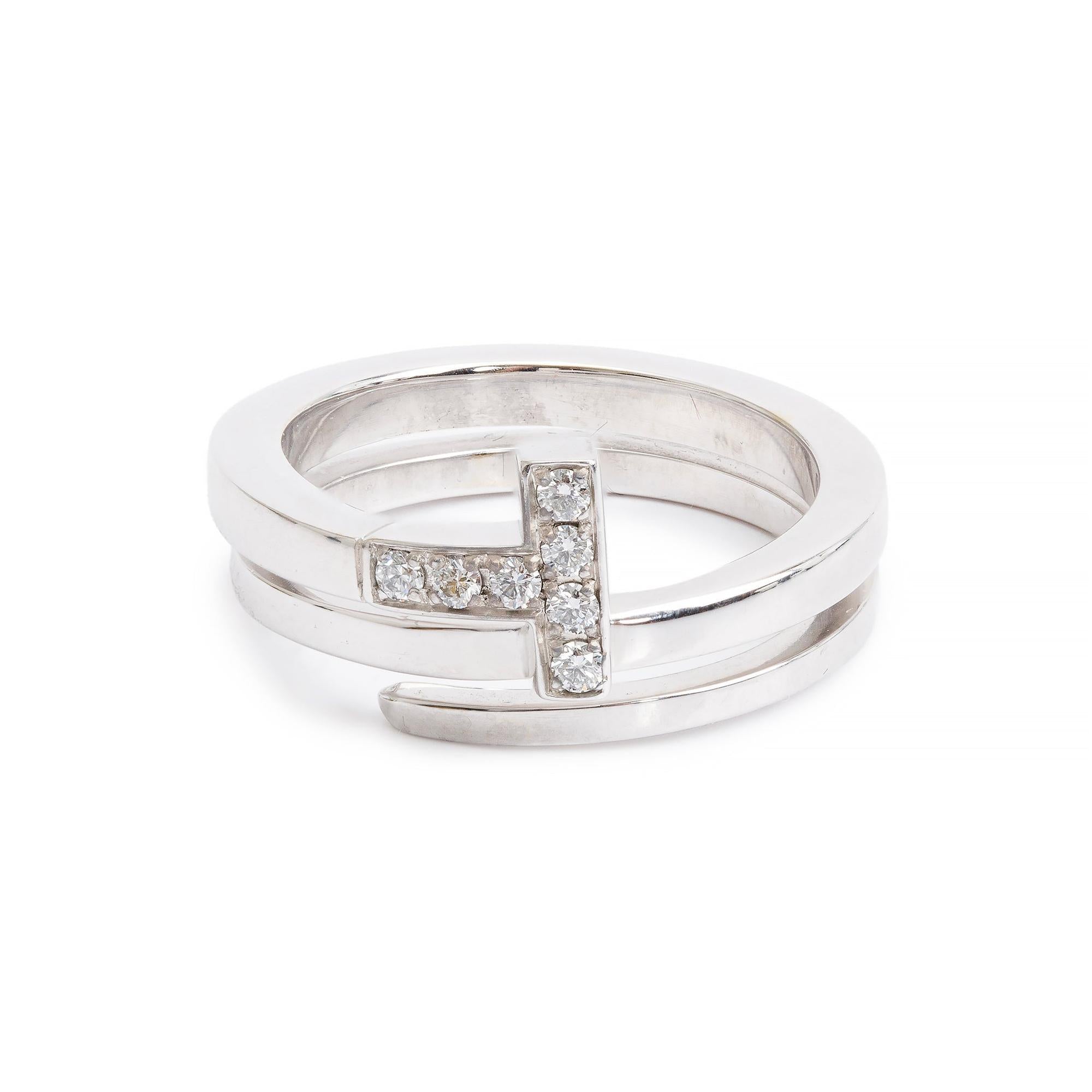 Tiffany & Co. 18k White Gold Diamond T Square Wrap Ring, Size 6.75 w/ Box
