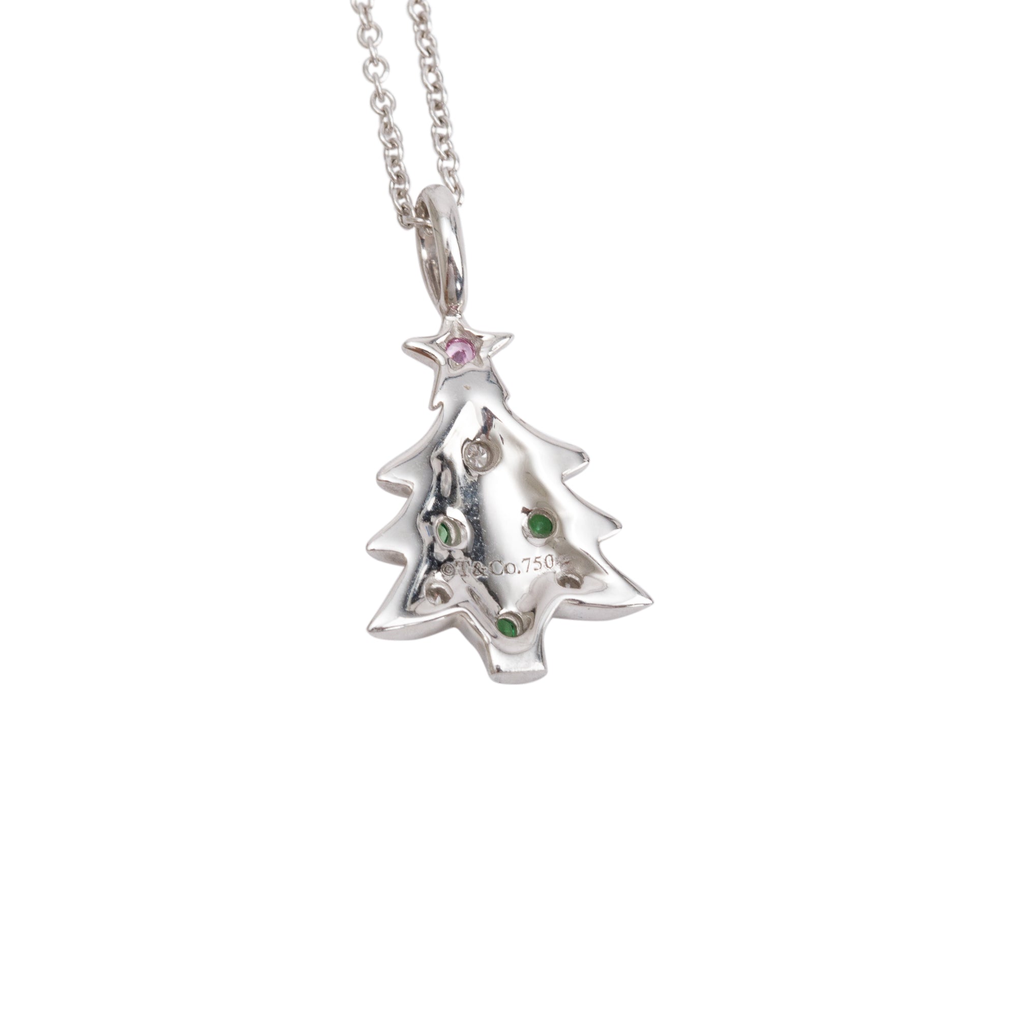 Tiffany & Co. 18k White Gold Diamond, Tsavorite & Sapphire Christmas Tree Pendant Necklace