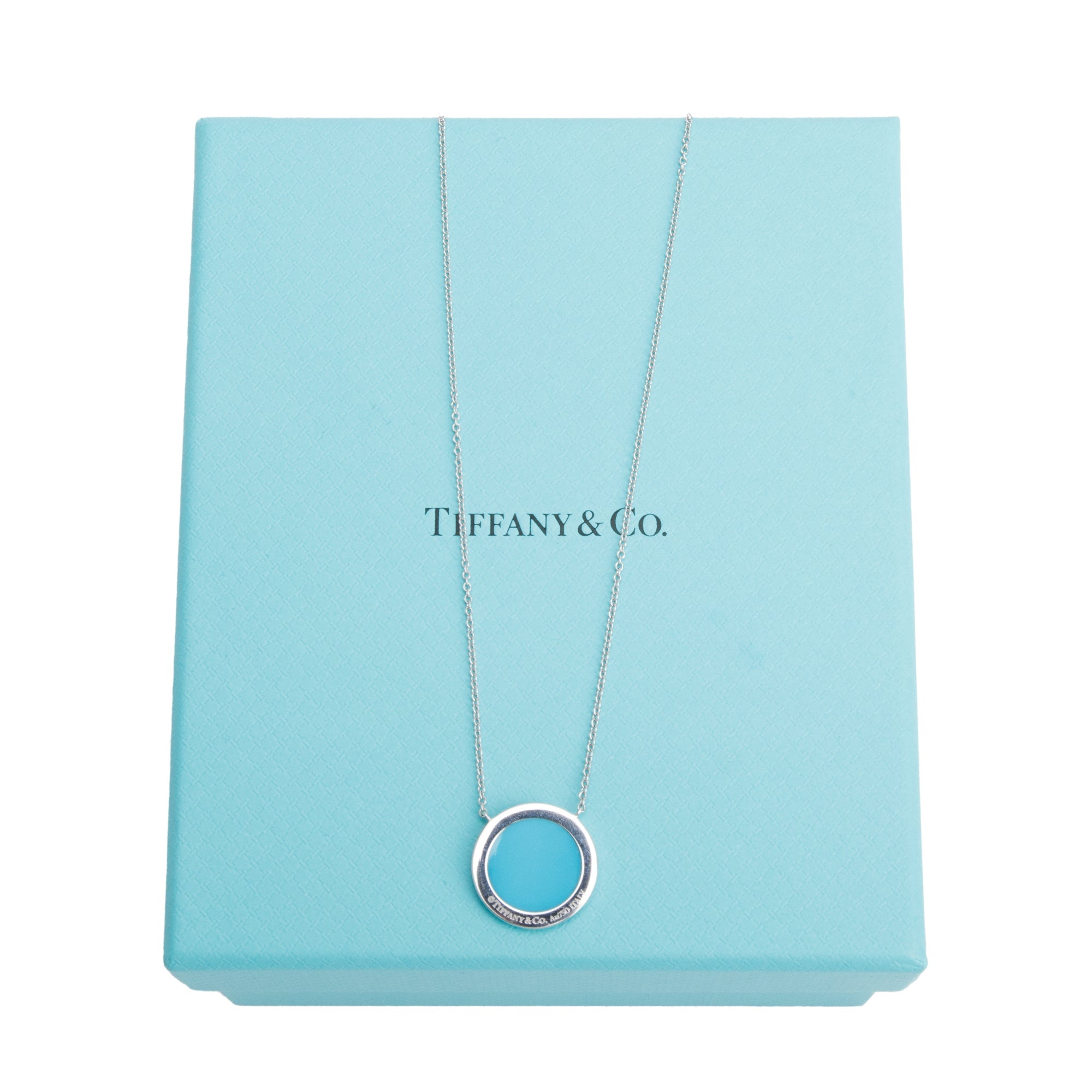 Tiffany & Co. 18k White Gold Diamond & Turquoise 16 MM T Circle Pendant Necklace w/ Box