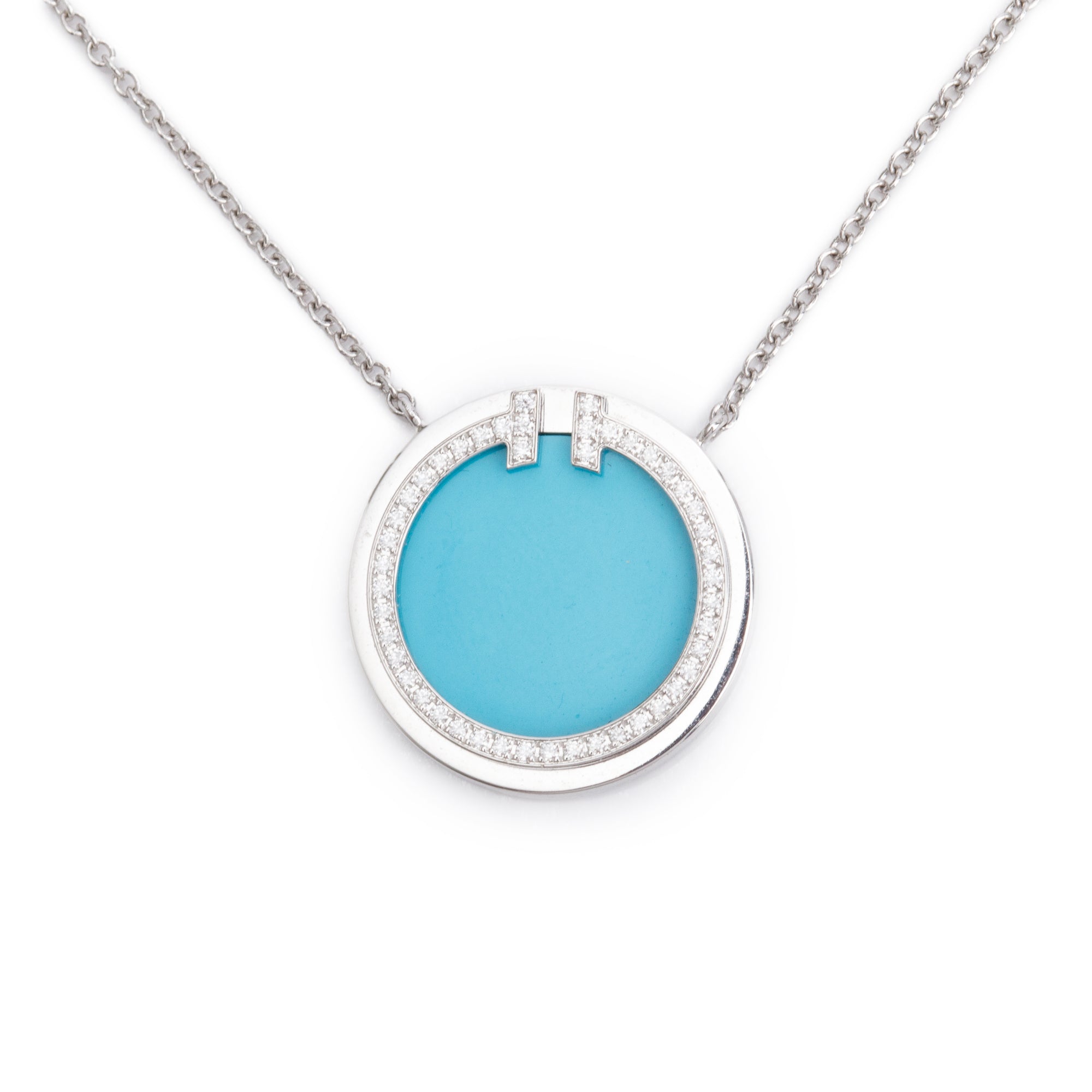 Tiffany & Co. 18k White Gold Diamond & Turquoise 16 MM T Circle Pendant Necklace w/ Box