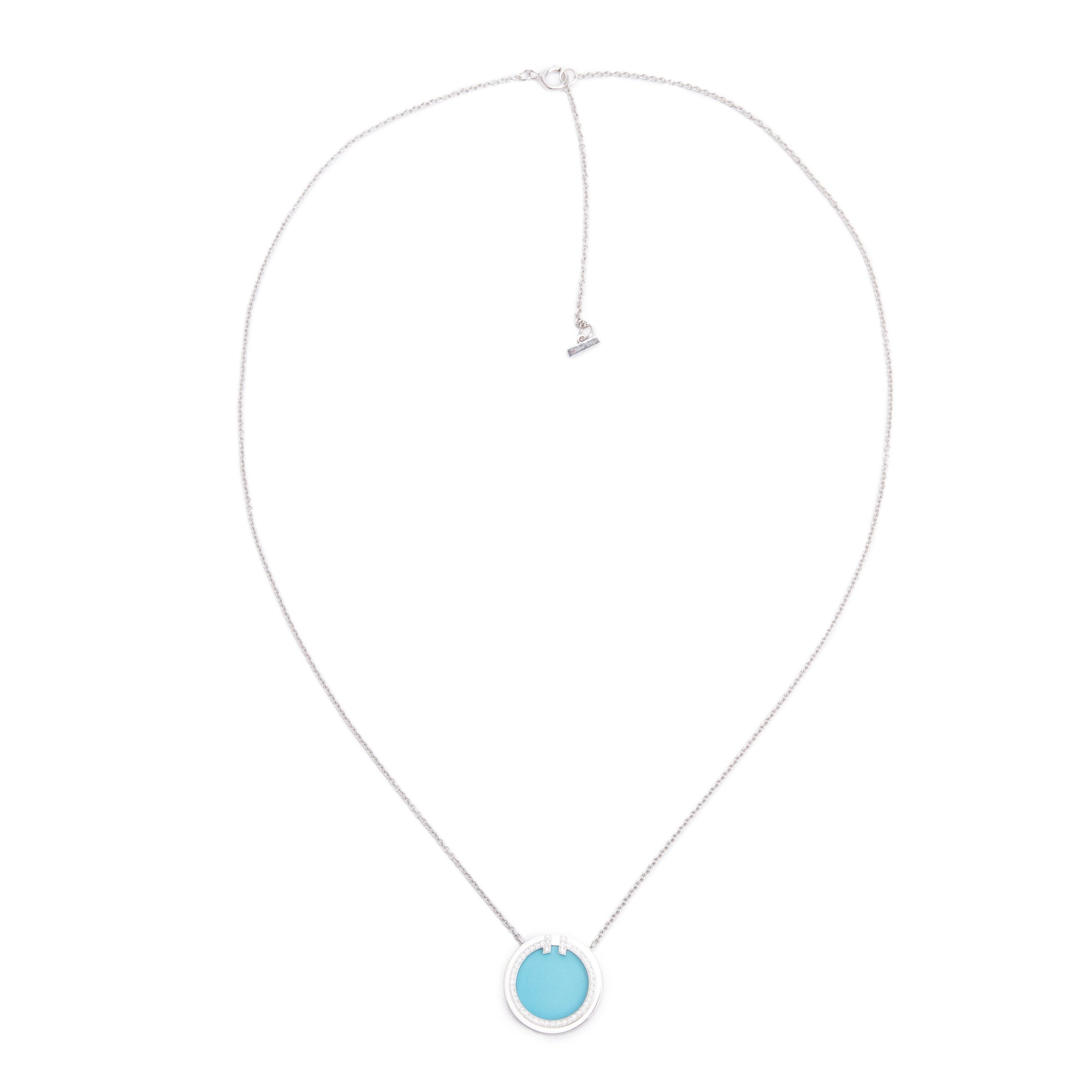 Tiffany & Co. 18k White Gold Diamond & Turquoise 16 MM T Circle Pendant Necklace w/ Box