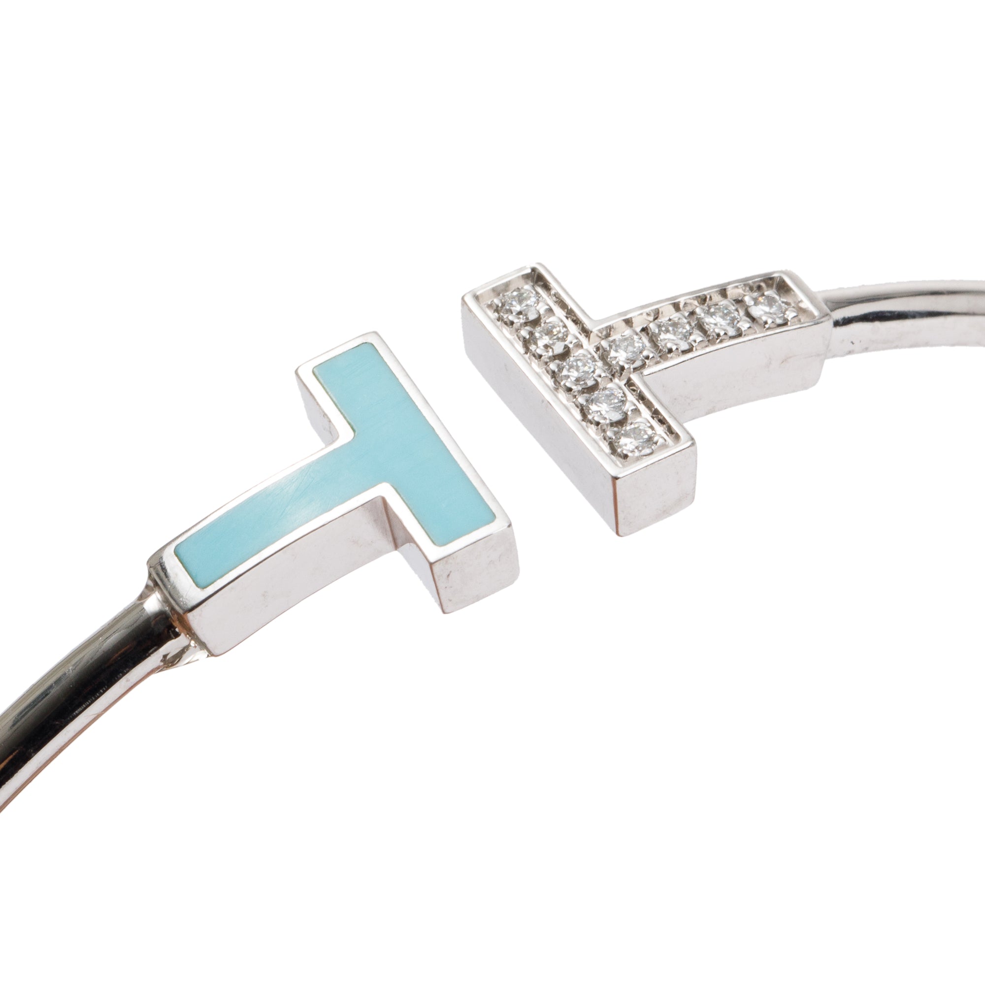 Tiffany & Co. 18k White Gold & Diamond Turquoise Enamel T Wire Bracelet