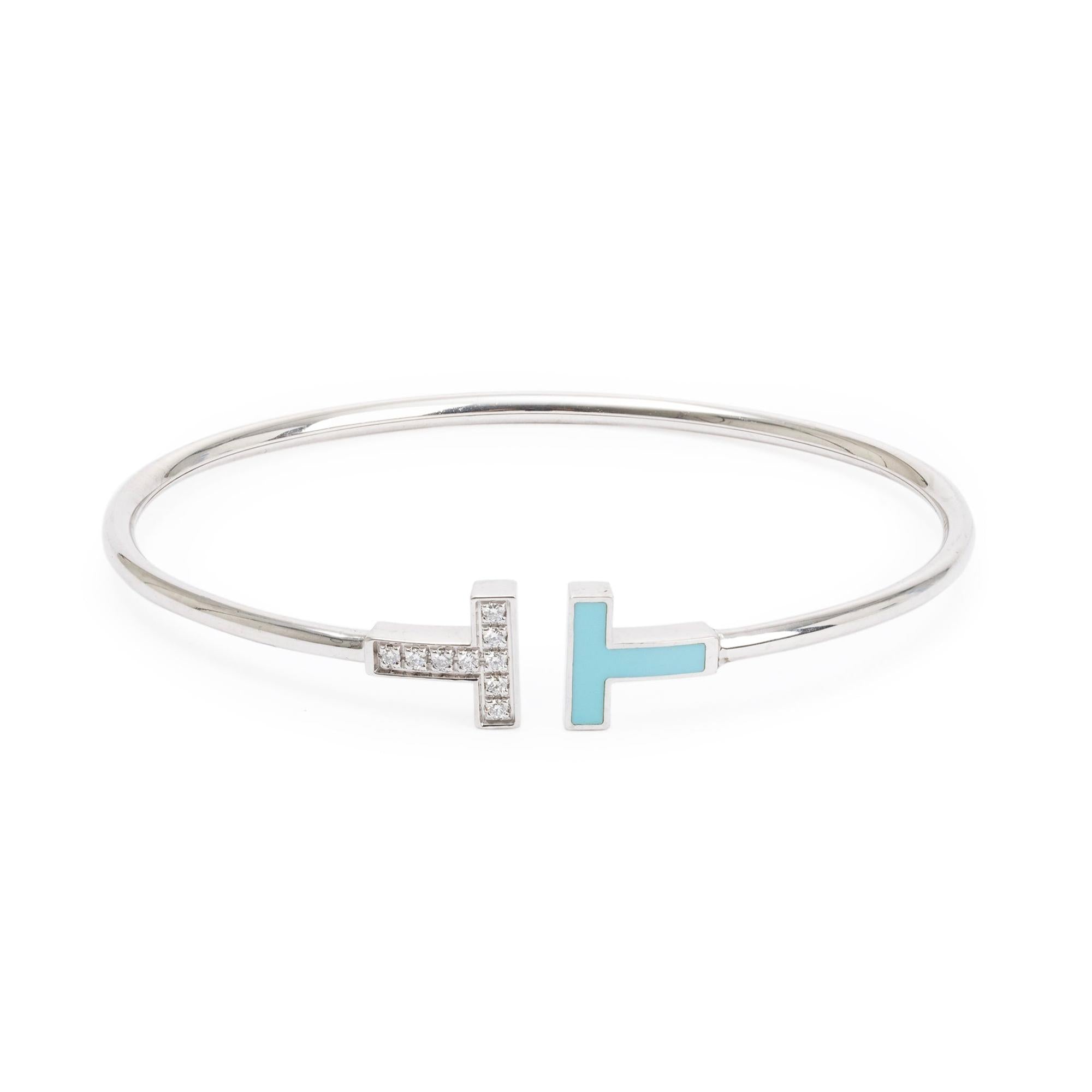 Tiffany & Co. 18k White Gold & Diamond Turquoise Enamel T Wire Bracelet