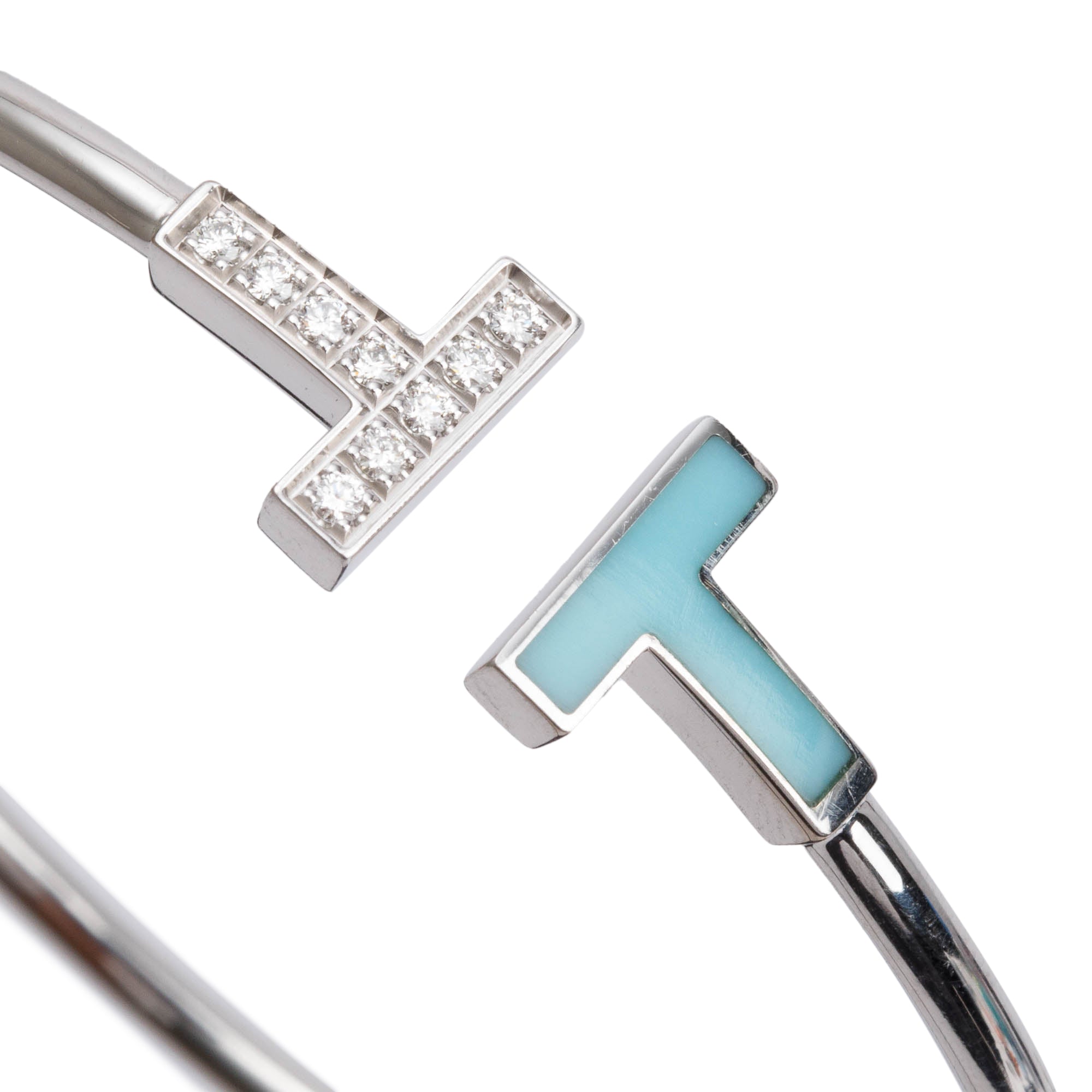 Tiffany & Co. 18k White Gold & Diamond Turquoise T Wire Bracelet w/ Box