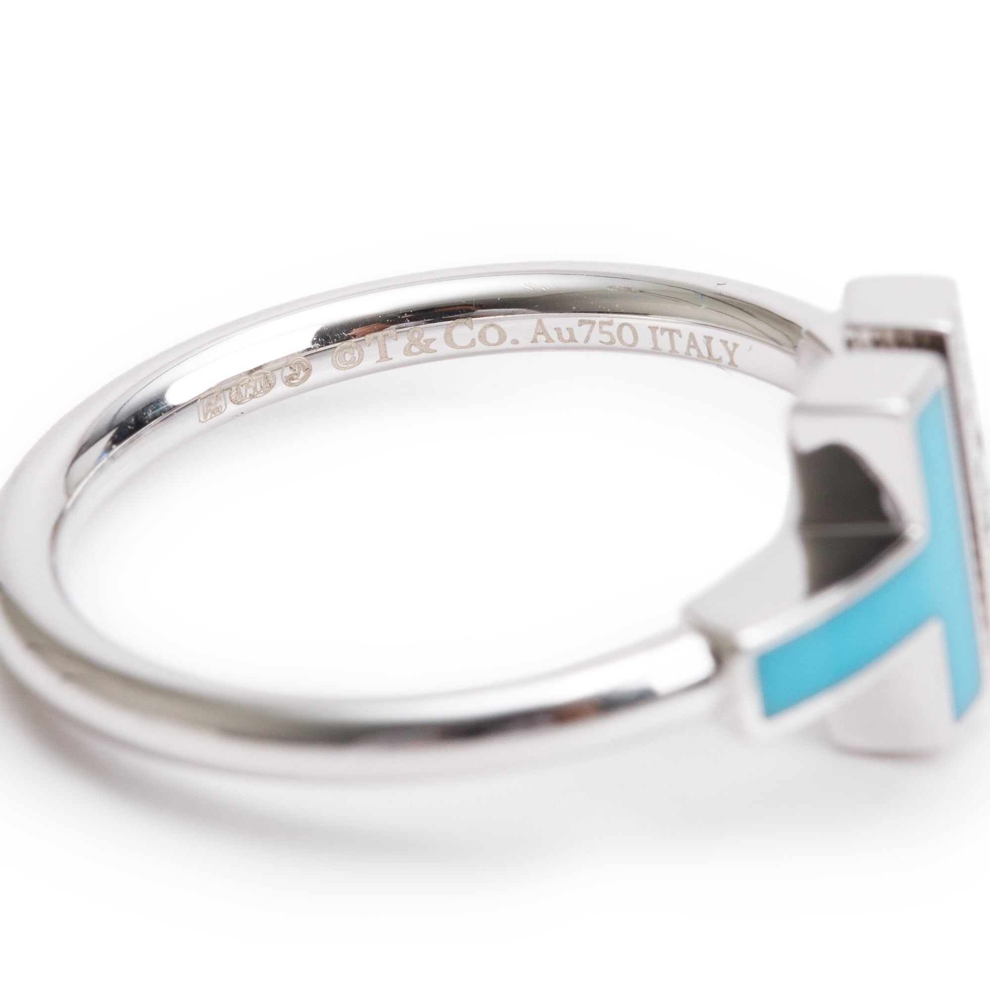Tiffany & Co. 18k White Gold Diamond & Turquoise T Wire Ring, Size 6.5