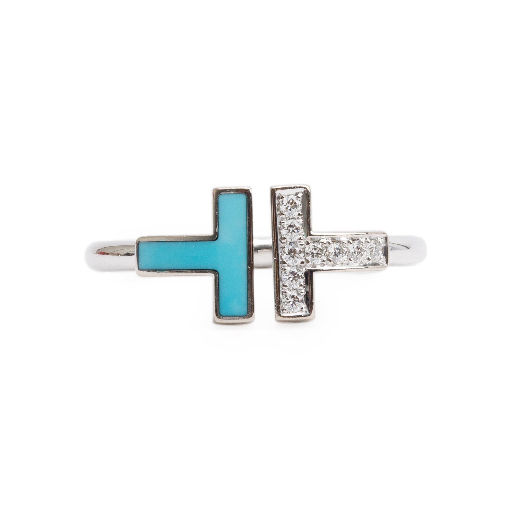 Tiffany & Co. 18k White Gold Diamond & Turquoise T Wire Ring, Size 7.5 w/ Box