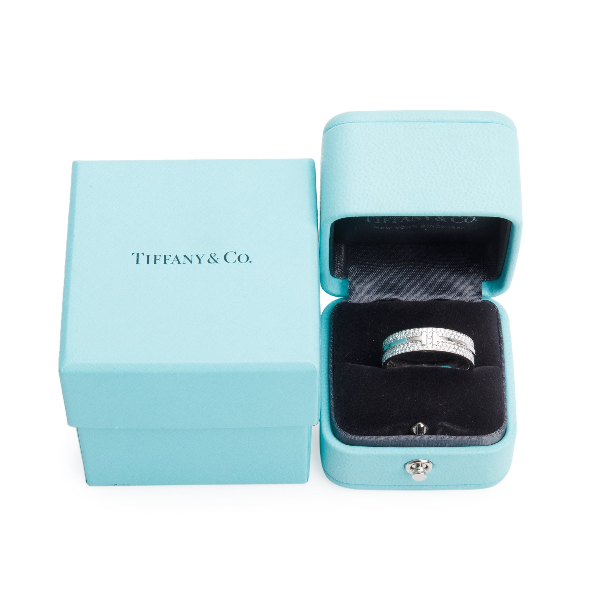 Tiffany & Co. 18k White Gold Pave Diamond T Wide Ring, Size 9.5 w/ Box