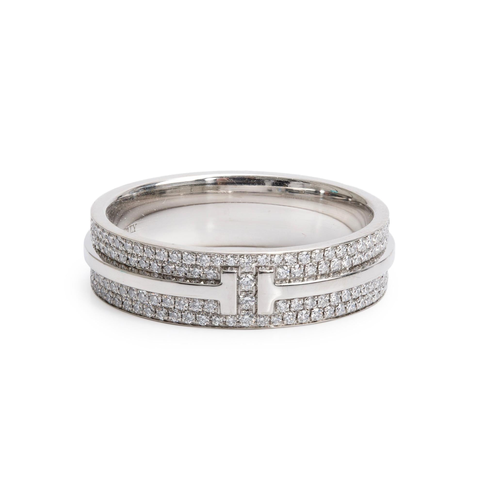 Tiffany & Co. 18k White Gold Pave Diamond T Wide Ring, Size 9.5 w/ Box