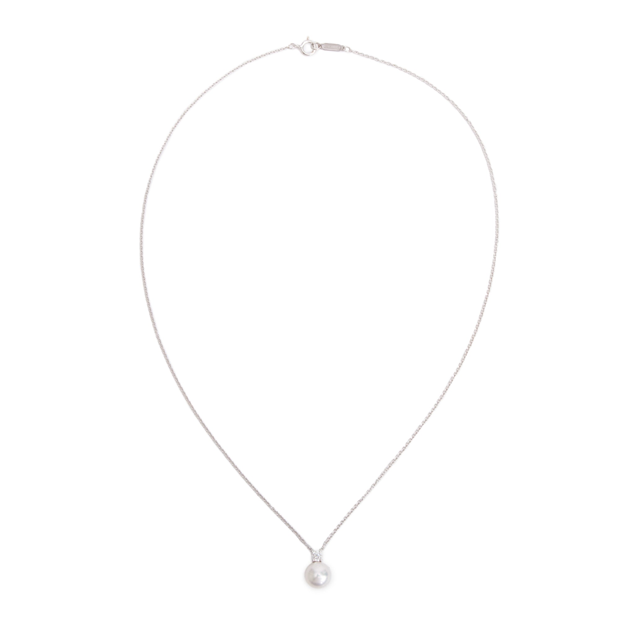 Tiffany & Co. 18k White Gold Signature Pearl & Diamond Pendant Necklace w/ Box