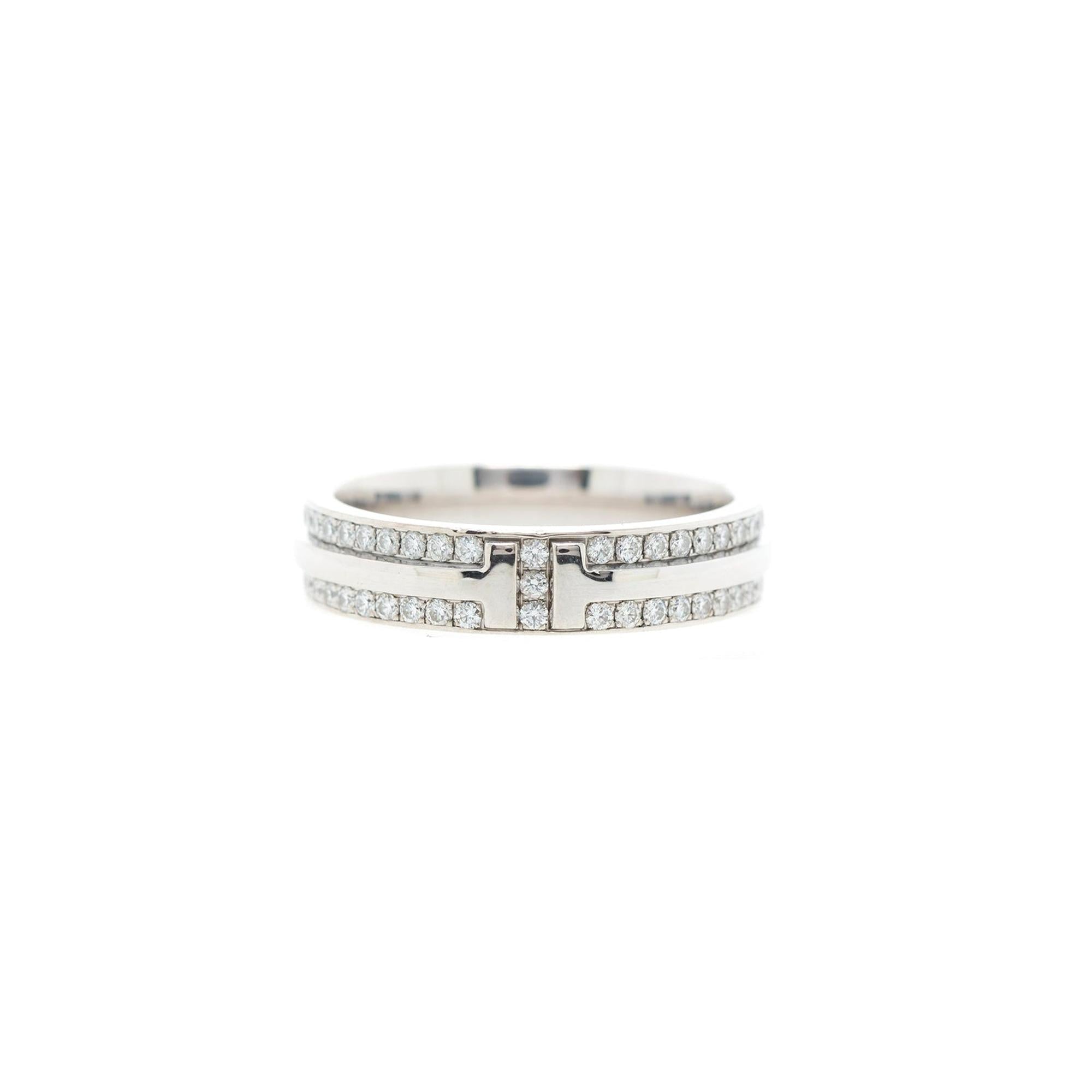 Tiffany & Co. 18k White Gold T Narrow Pave Diamond Ring w/ Box