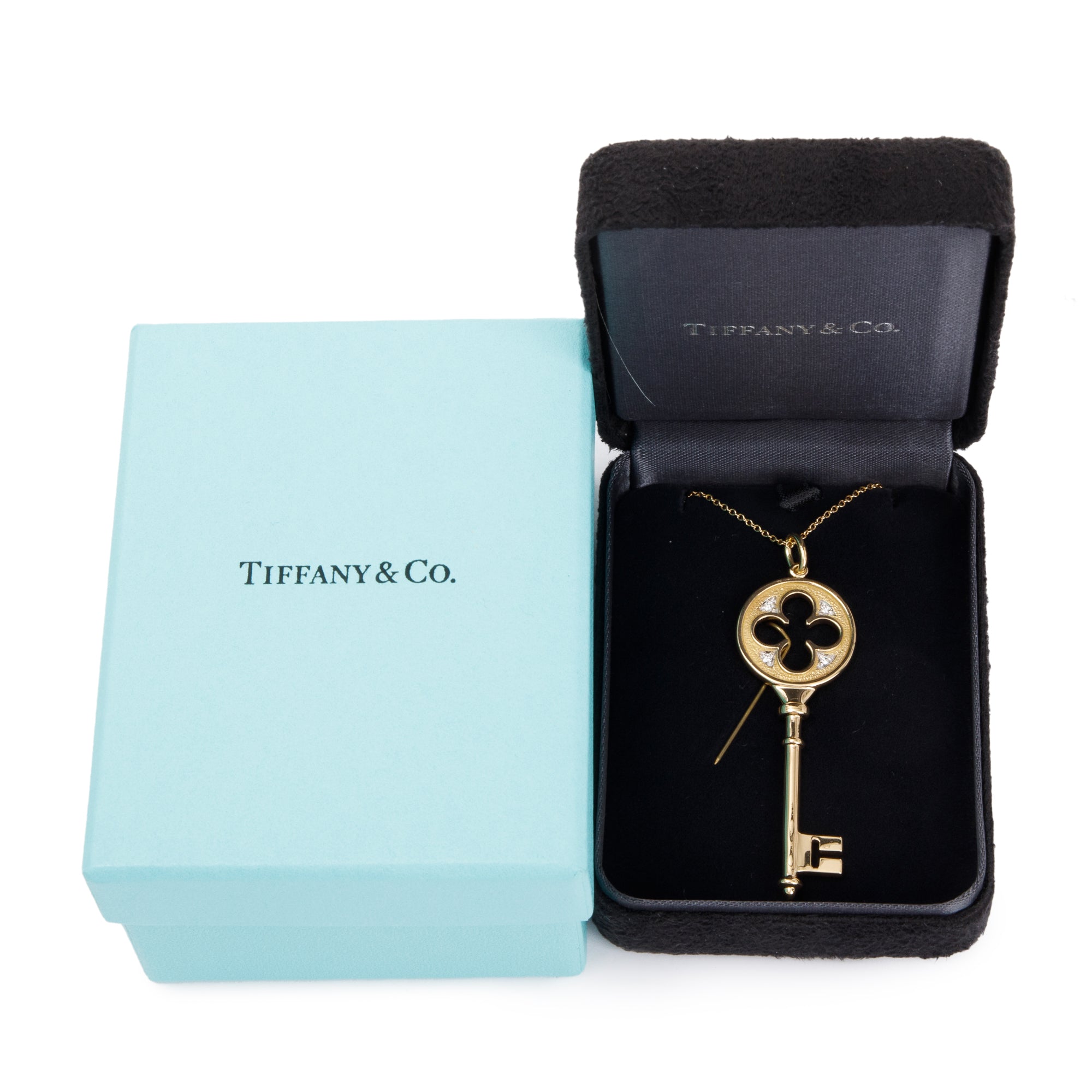Tiffany & Co. 18k Yellow Gold Diamond Clover Key Pendant Necklace w/ Box