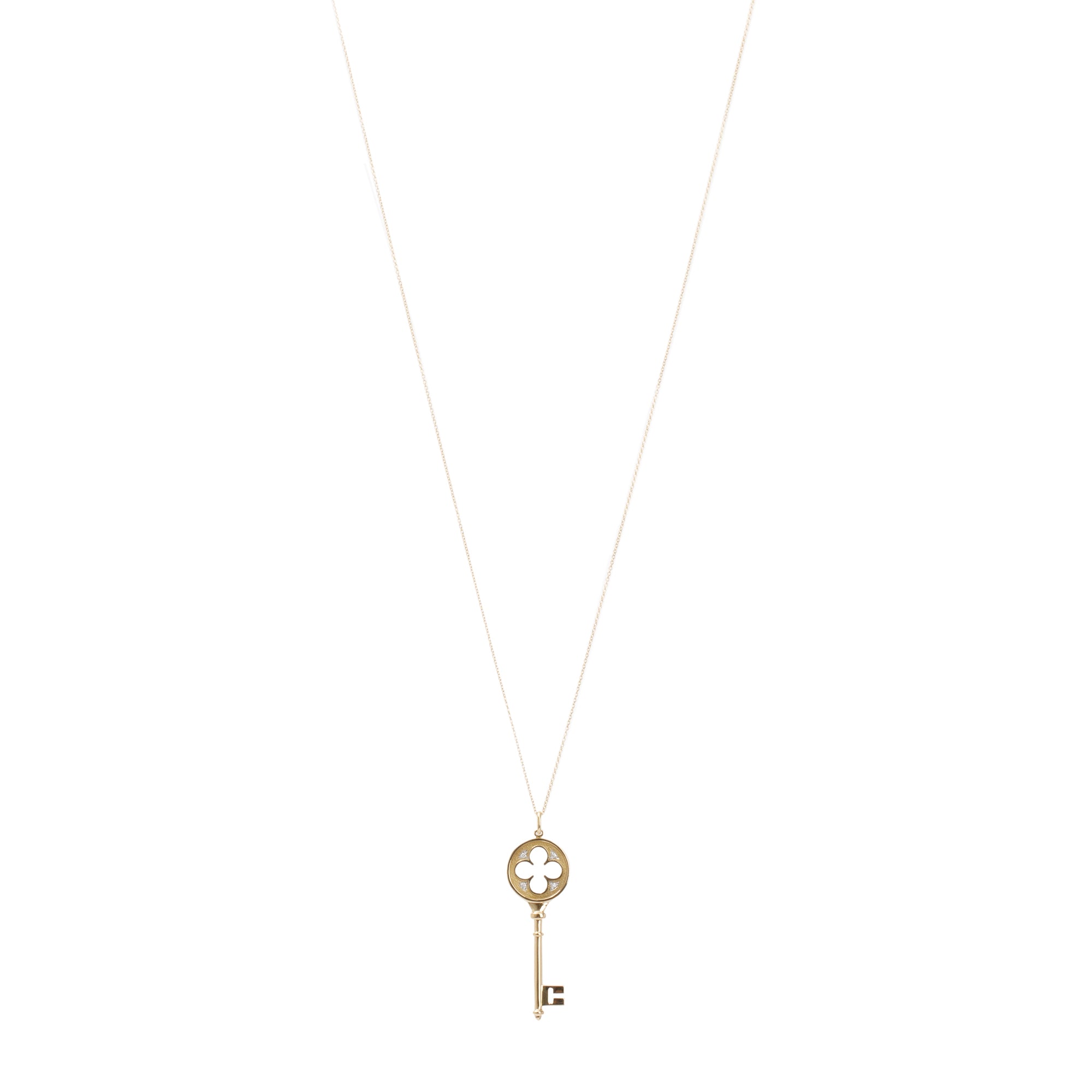 Tiffany & Co. 18k Yellow Gold Diamond Clover Key Pendant Necklace w/ Box