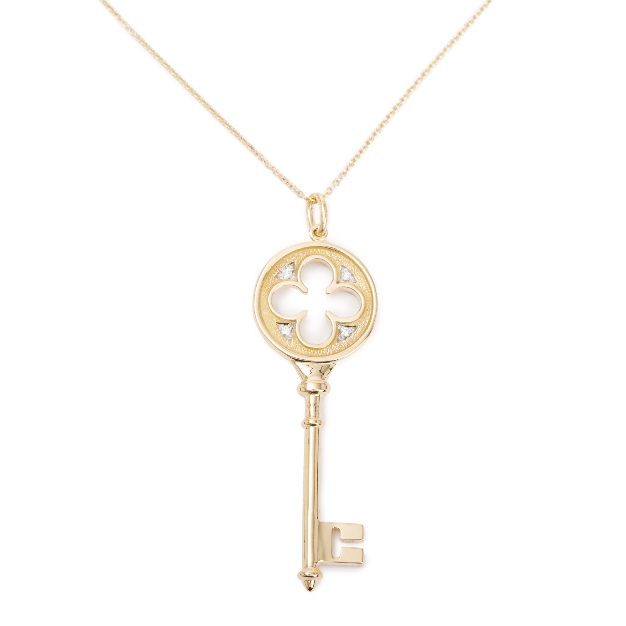 Tiffany & Co. 18k Yellow Gold Diamond Clover Key Pendant Necklace w/ Box