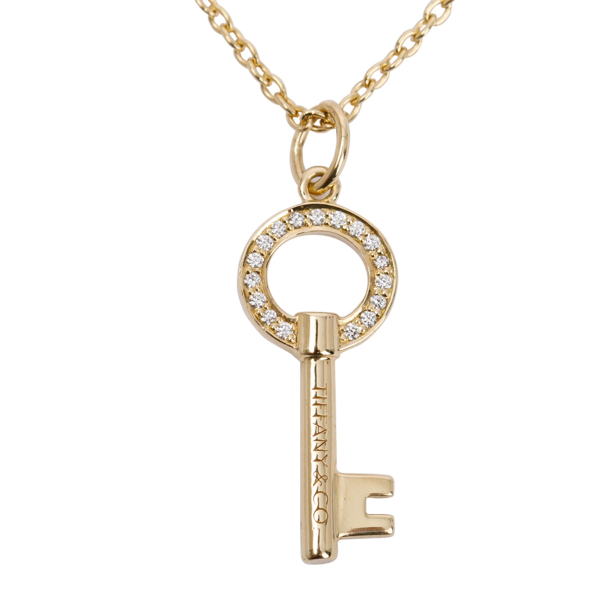 Tiffany & Co. 18k Yellow Gold Diamond Mini Modern Keys Open Round Key Pendant Necklace