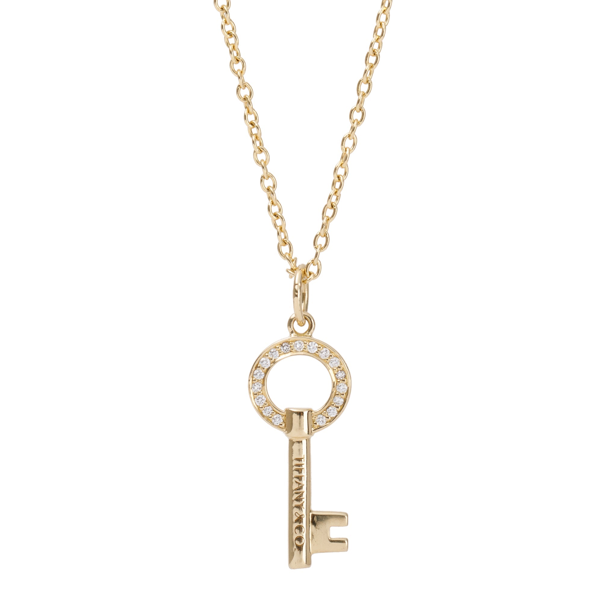 Tiffany & Co. 18k Yellow Gold Diamond Mini Modern Keys Open Round Key Pendant Necklace