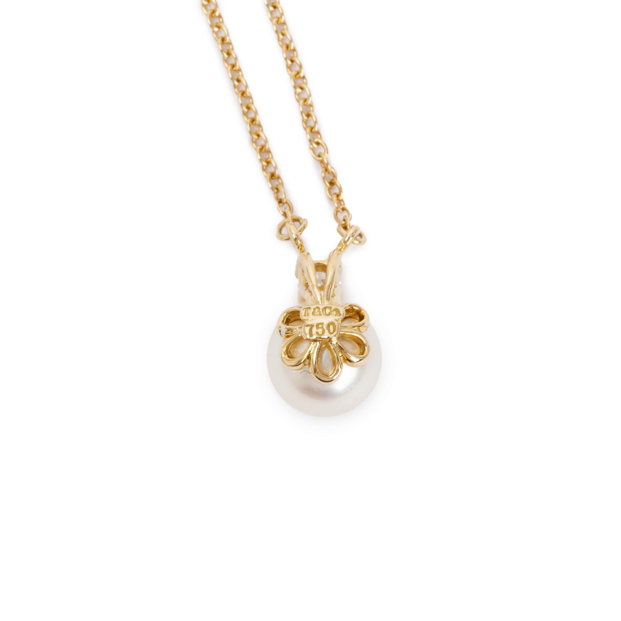 Tiffany & Co. 18k Yellow Gold Diamond Signature Pearl Pendant Necklace w/ Box