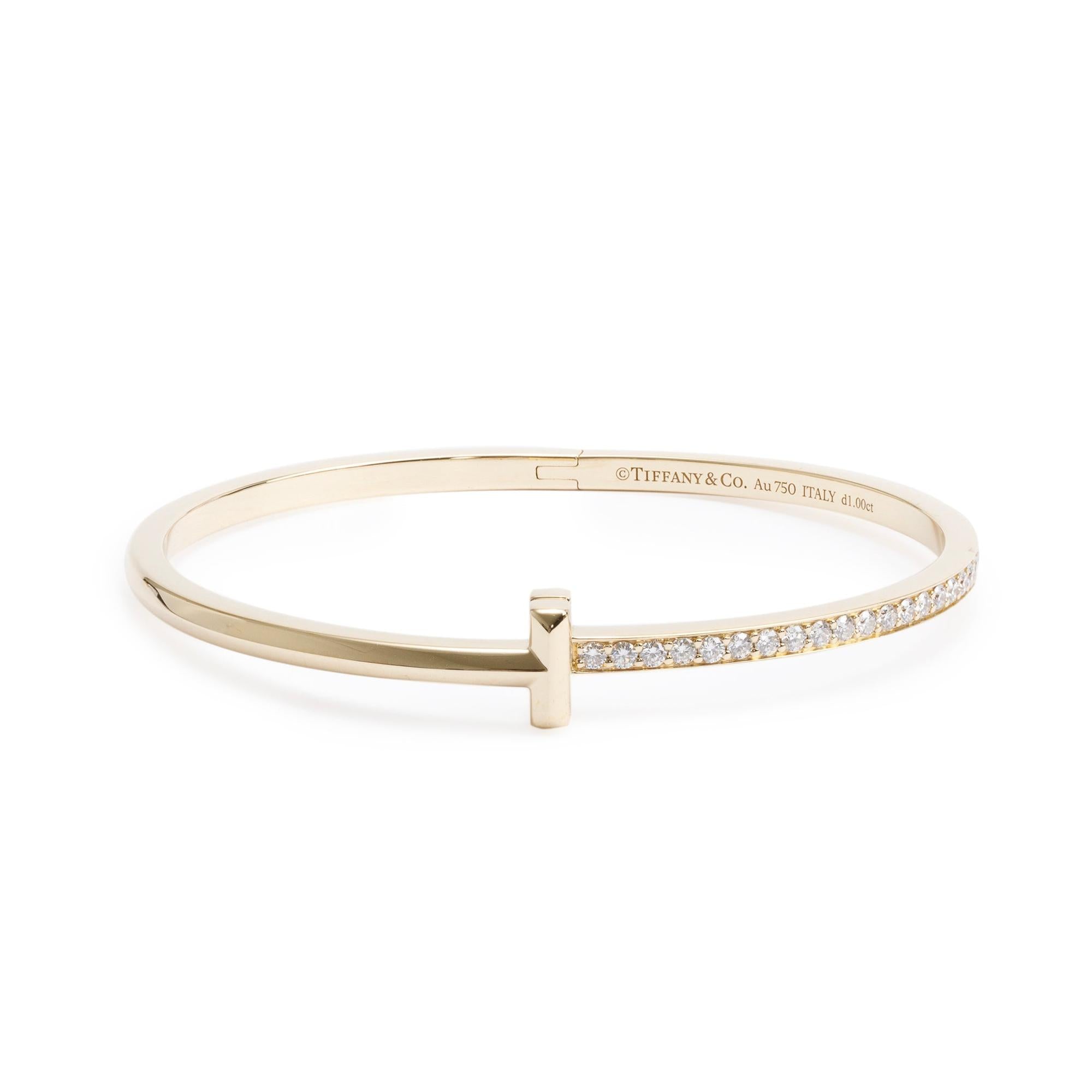 Tiffany & Co. 18k Yellow Gold Diamond T T1 Narrow Hinged Bangle w/ Box