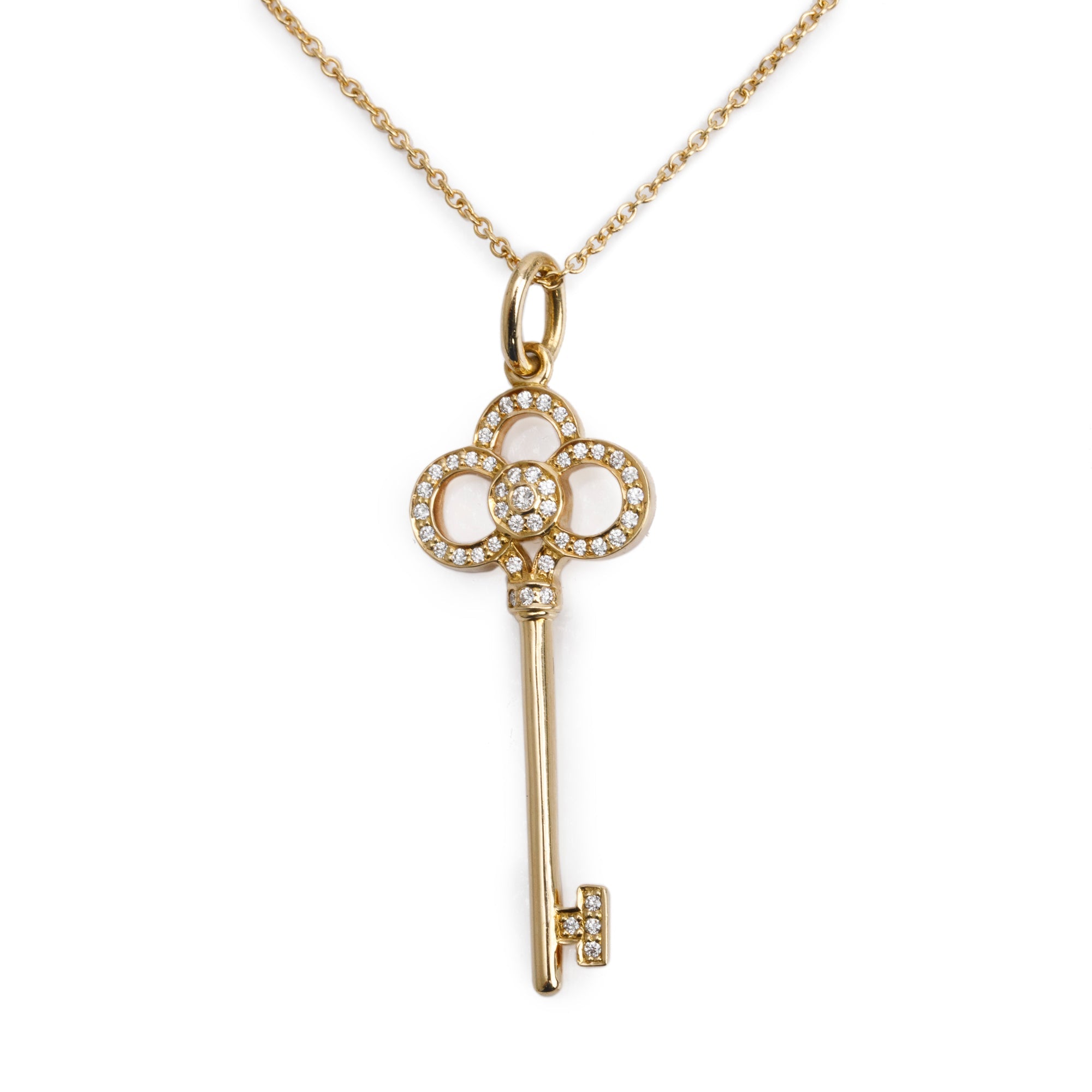 Tiffany & Co. 18k Yellow Gold Diamonds 1.5" Crown Key Pendant Necklace w/ Box