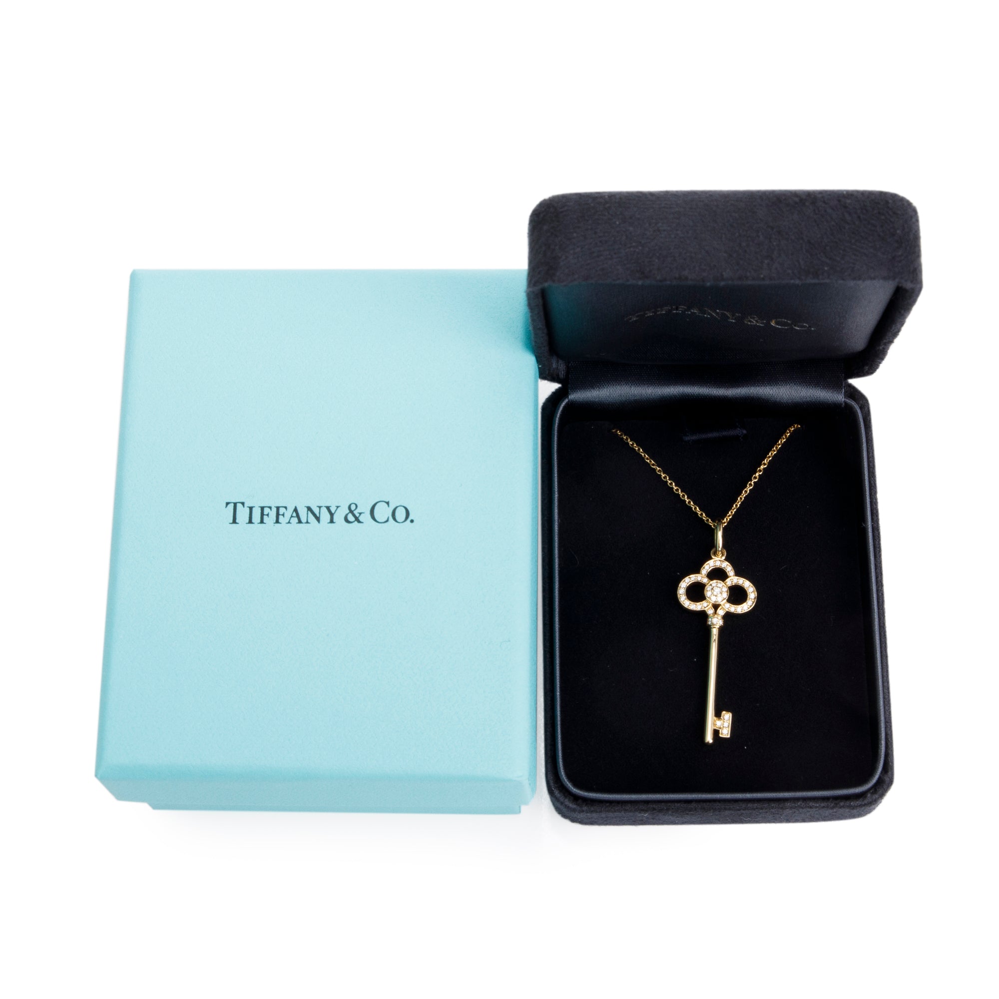Tiffany & Co. 18k Yellow Gold Diamonds 1.5" Crown Key Pendant Necklace w/ Box