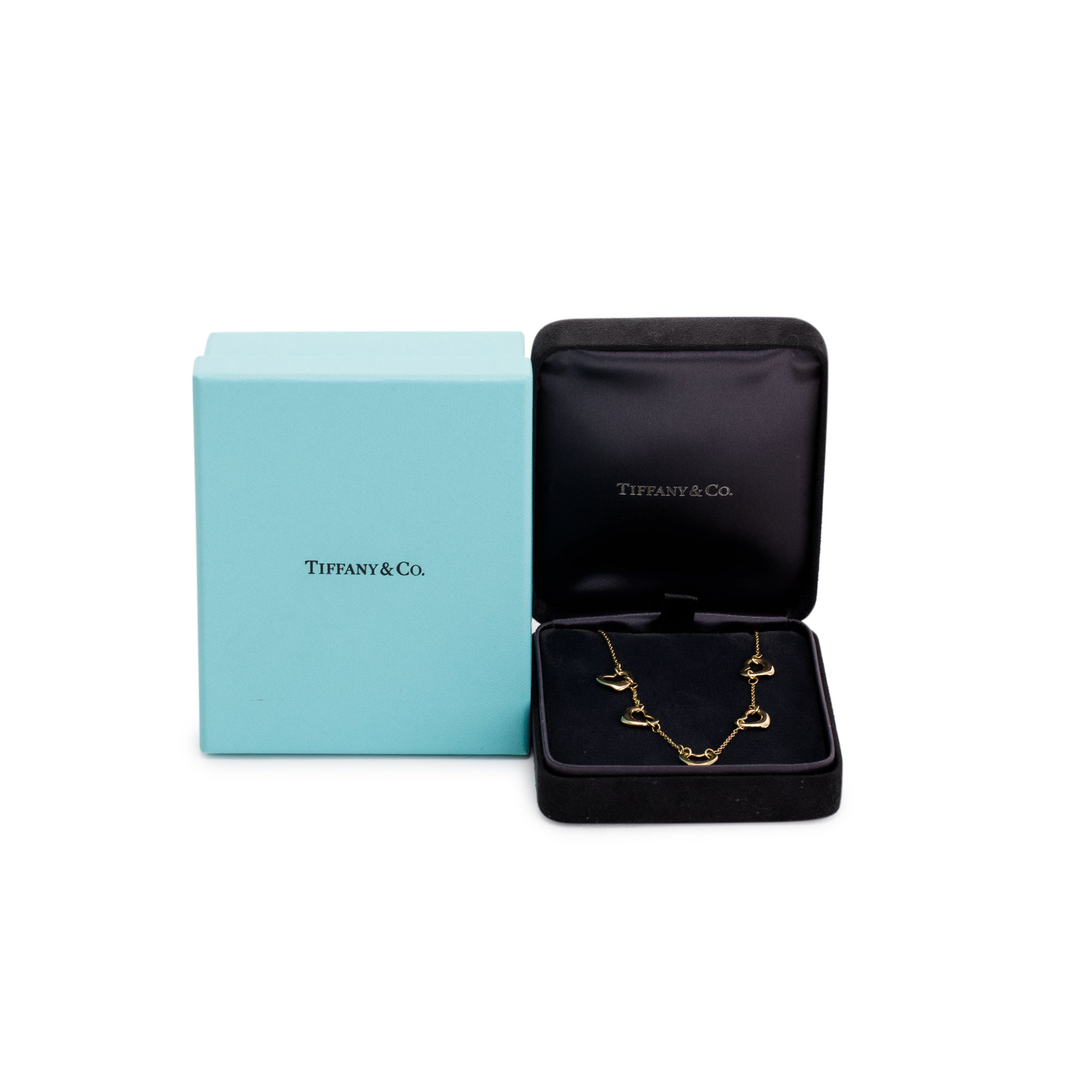Tiffany & Co. 18k Yellow Gold Elsa Peretti 5 Open Heart Station Necklace w/ Box