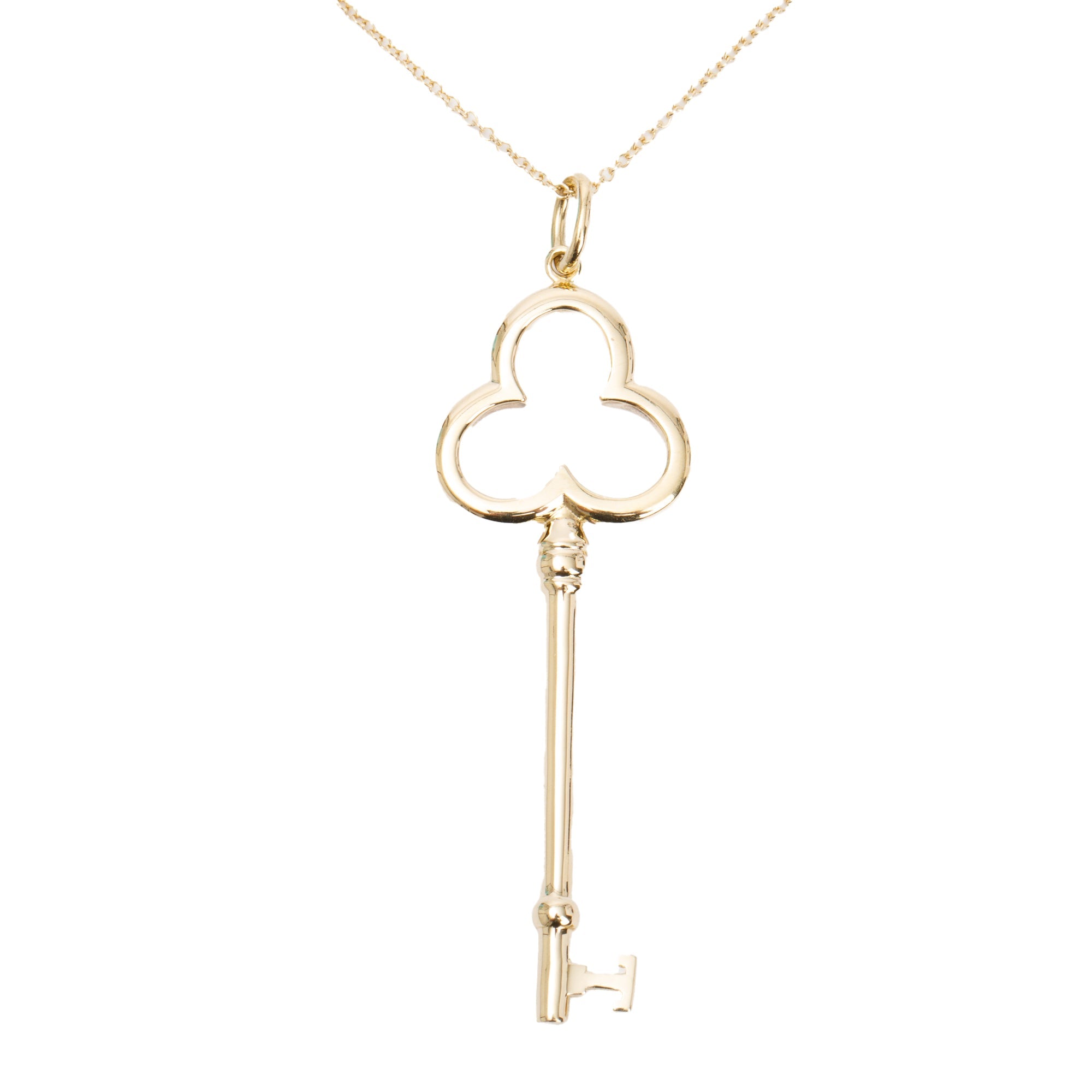 Tiffany & Co. 18k Yellow Gold Large Trefoil Key Pendant Necklace w/ Box