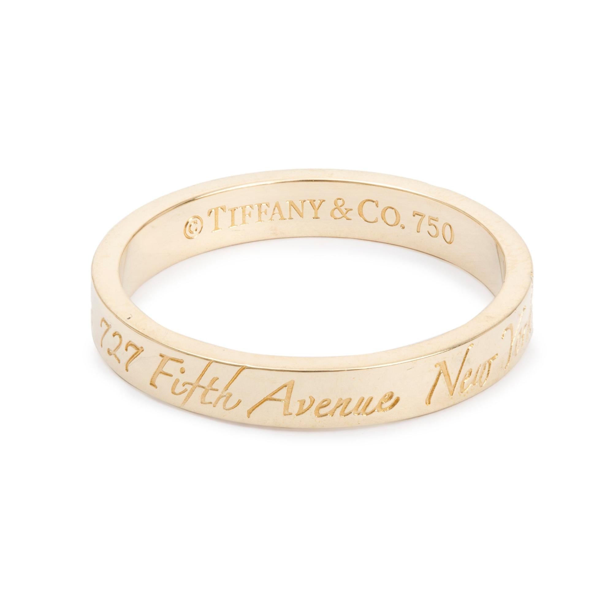 Tiffany & Co. 18k Yellow Gold Notes "Fifth Avenue New York" Narrow Band Ring, Size 5.5