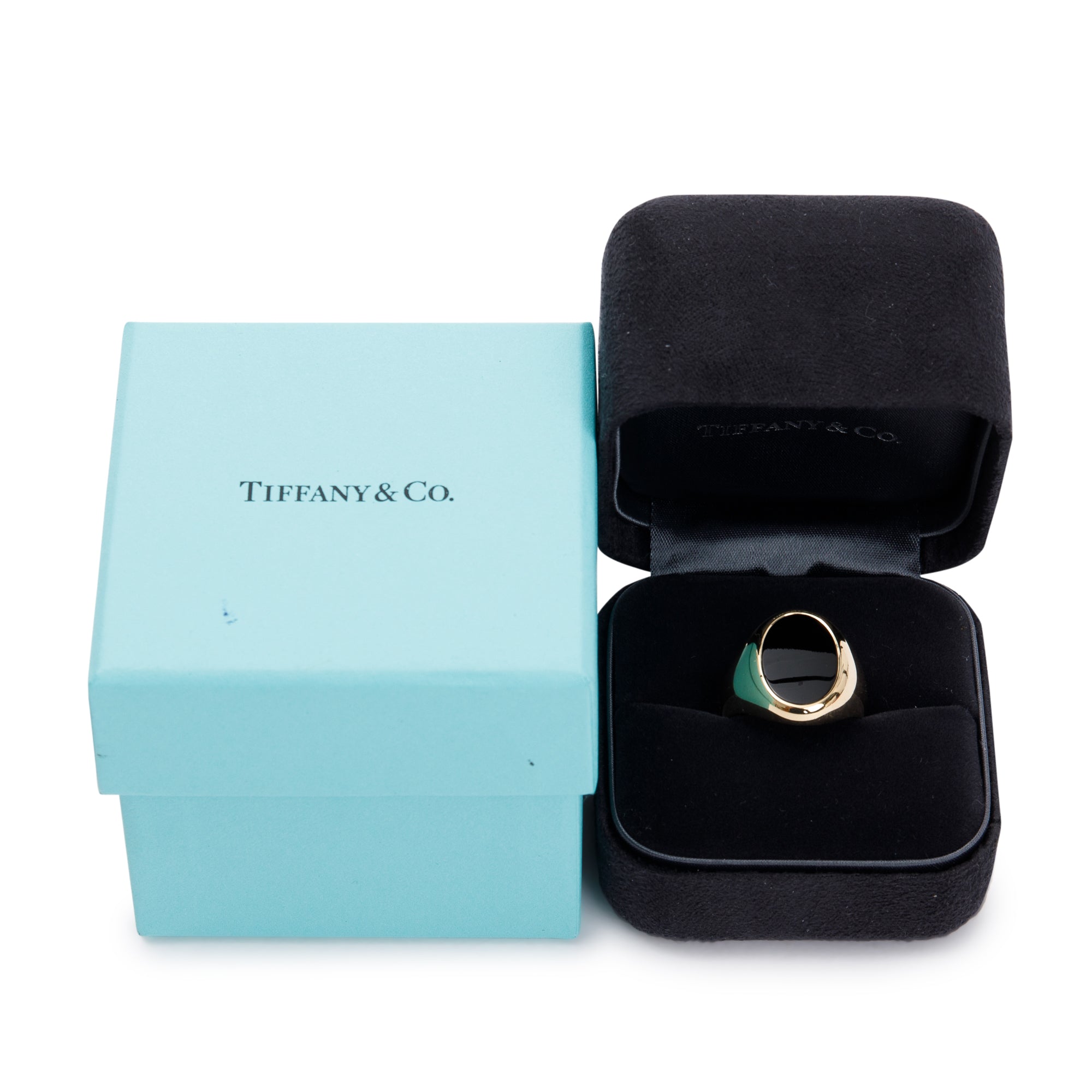 Tiffany & Co. 18k Yellow Gold Onyx Oval Signet Ring, Size 8.25 w/ Box