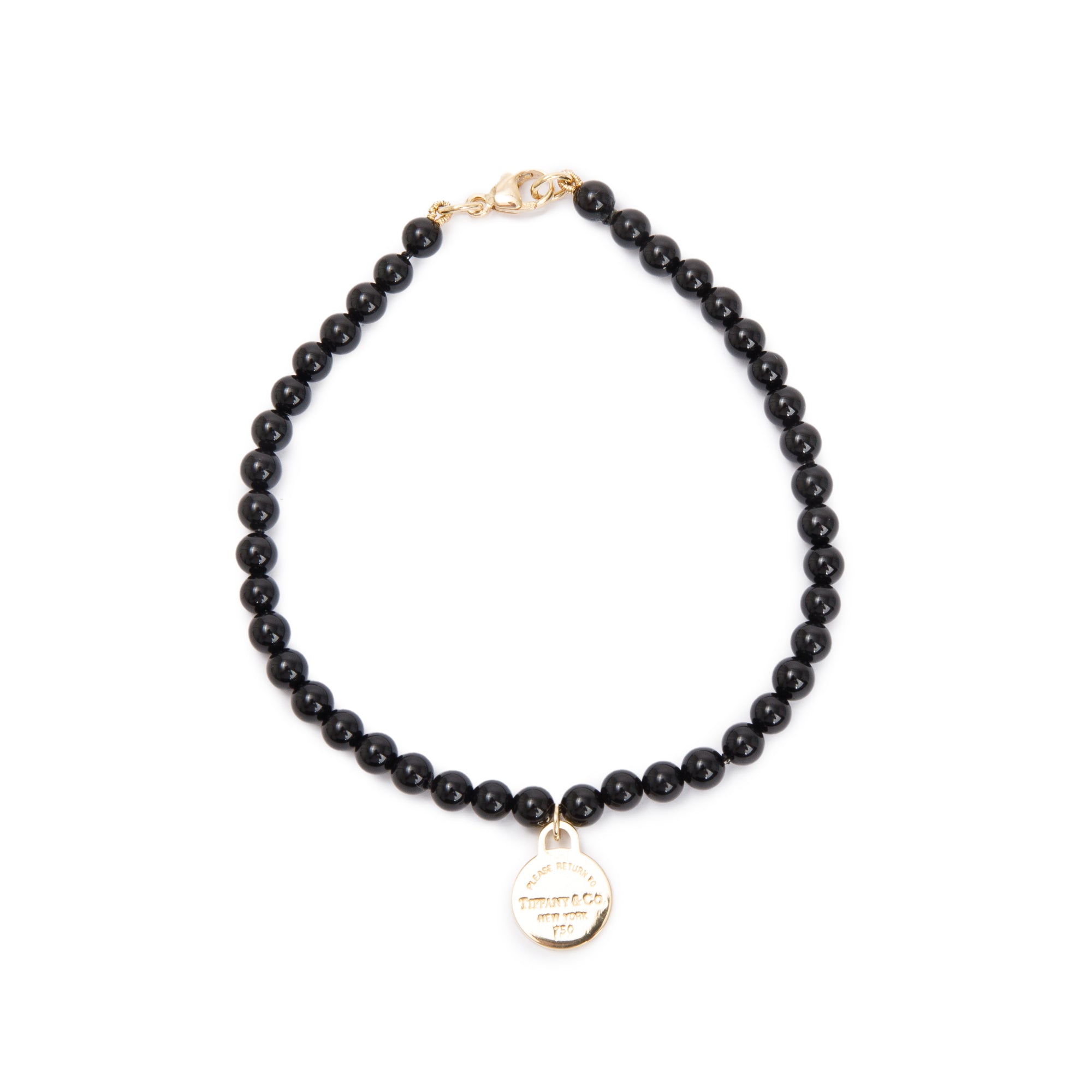 Tiffany & Co. 18k Yellow Gold Return to Tiffany Mini Round Tag 4MM Onyx Bead Bracelet w/ Box