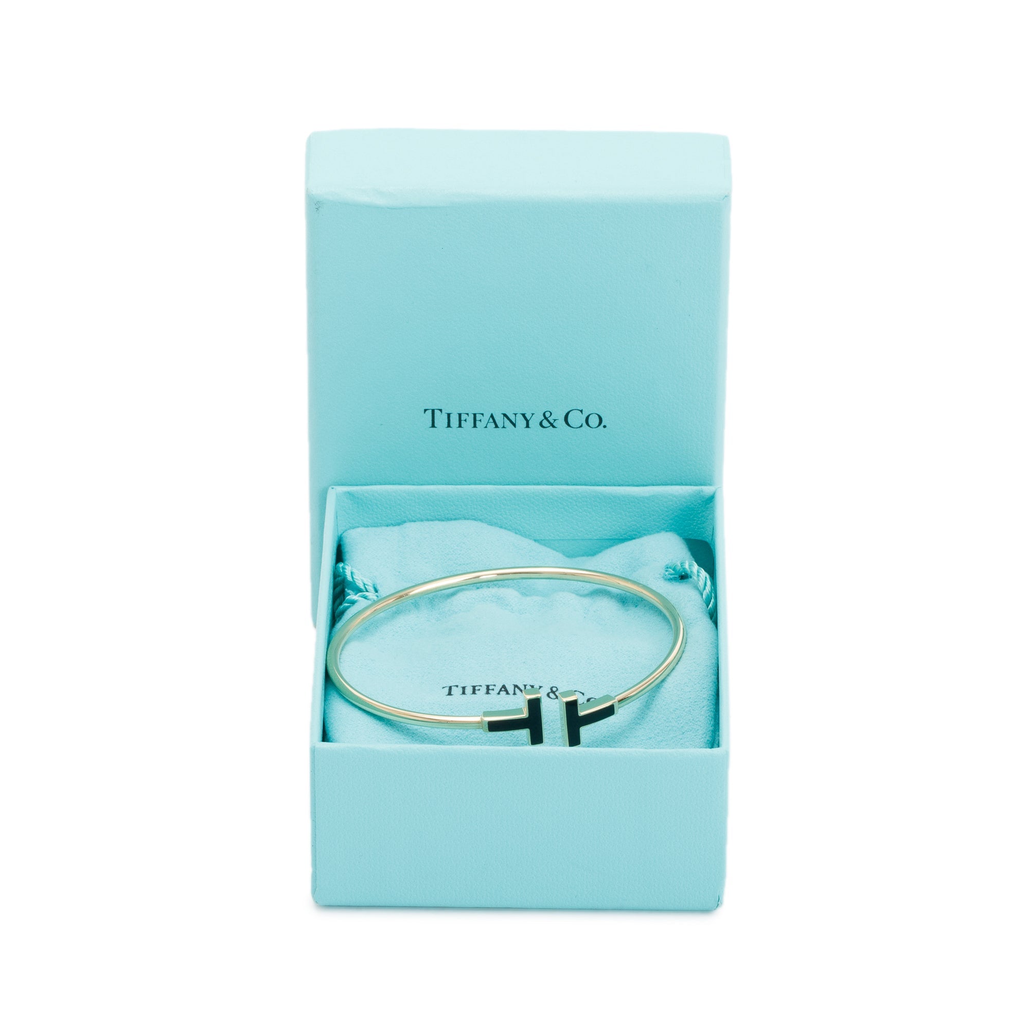 Tiffany & Co. 18k Yellow Gold Small T Black Onyx Wire Bracelet w/ Box