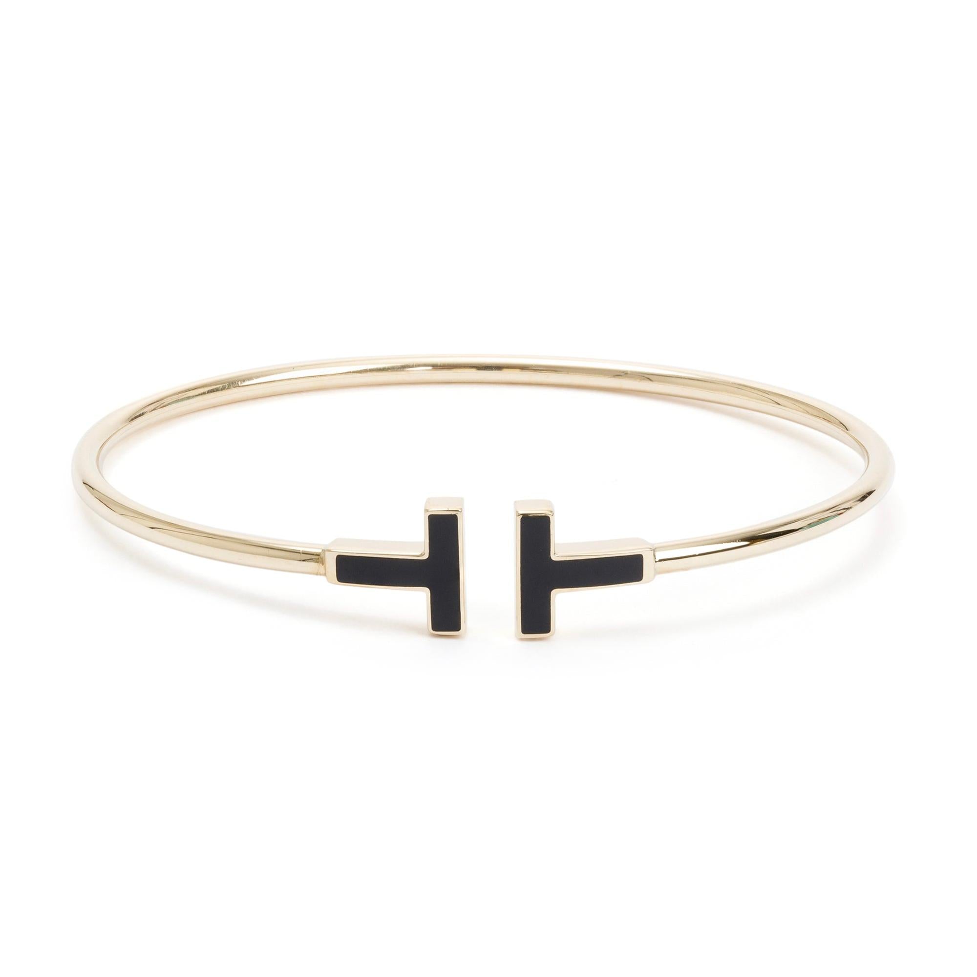 Tiffany & Co. 18k Yellow Gold Small T Black Onyx Wire Bracelet w/ Box