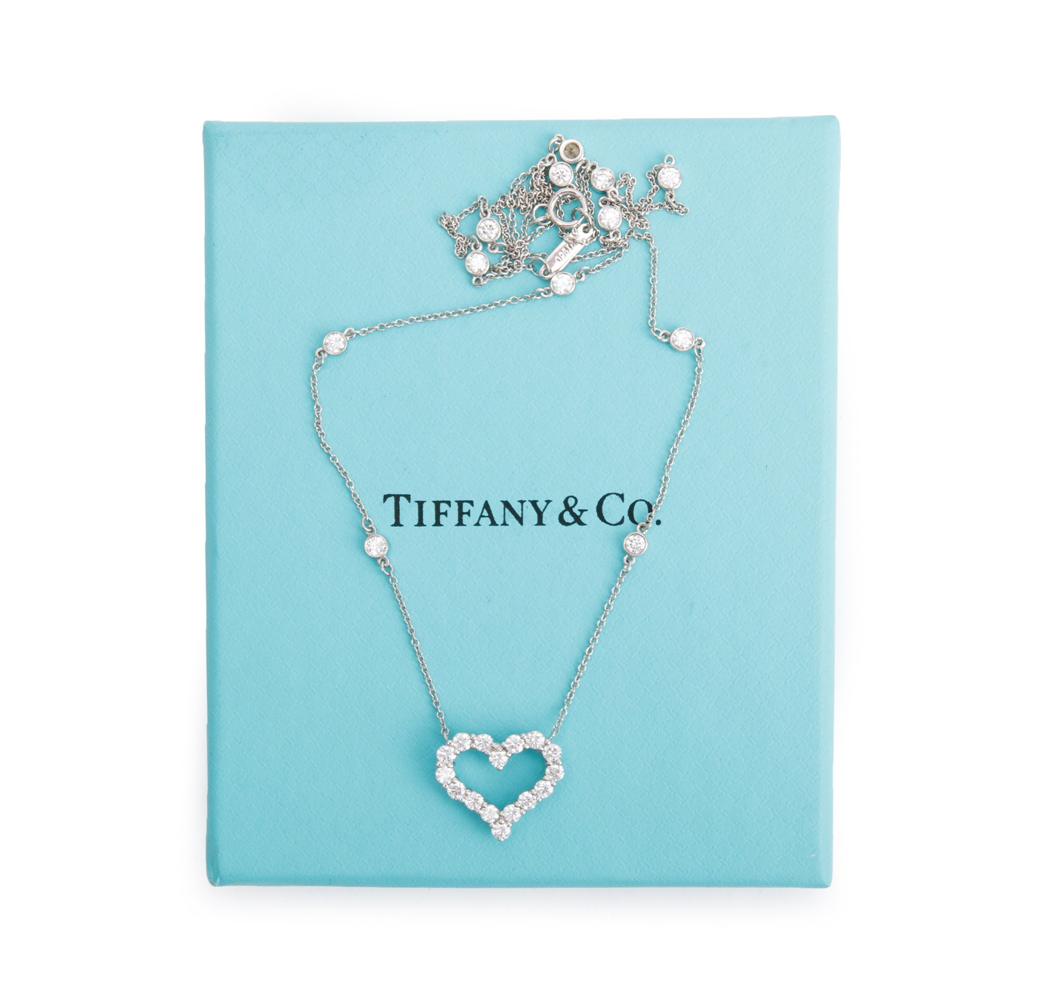 Tiffany & Co. 1.32 tcw. Platinum Diamond Heart Station Necklace w/ Box