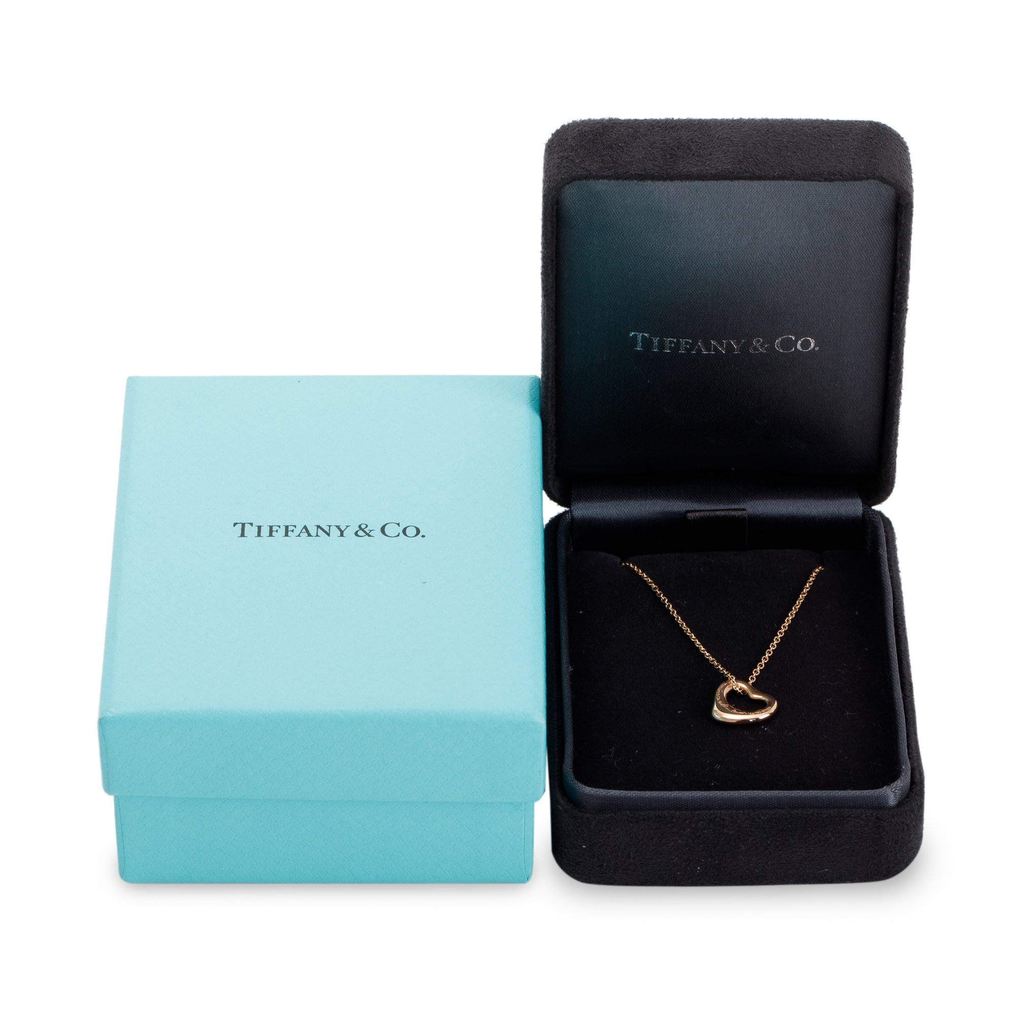 Tiffany & Co. Elsa Peretti 18k Rose Gold Diamond Mini Open Heart Pendant Necklace, 11 MM w/ Box