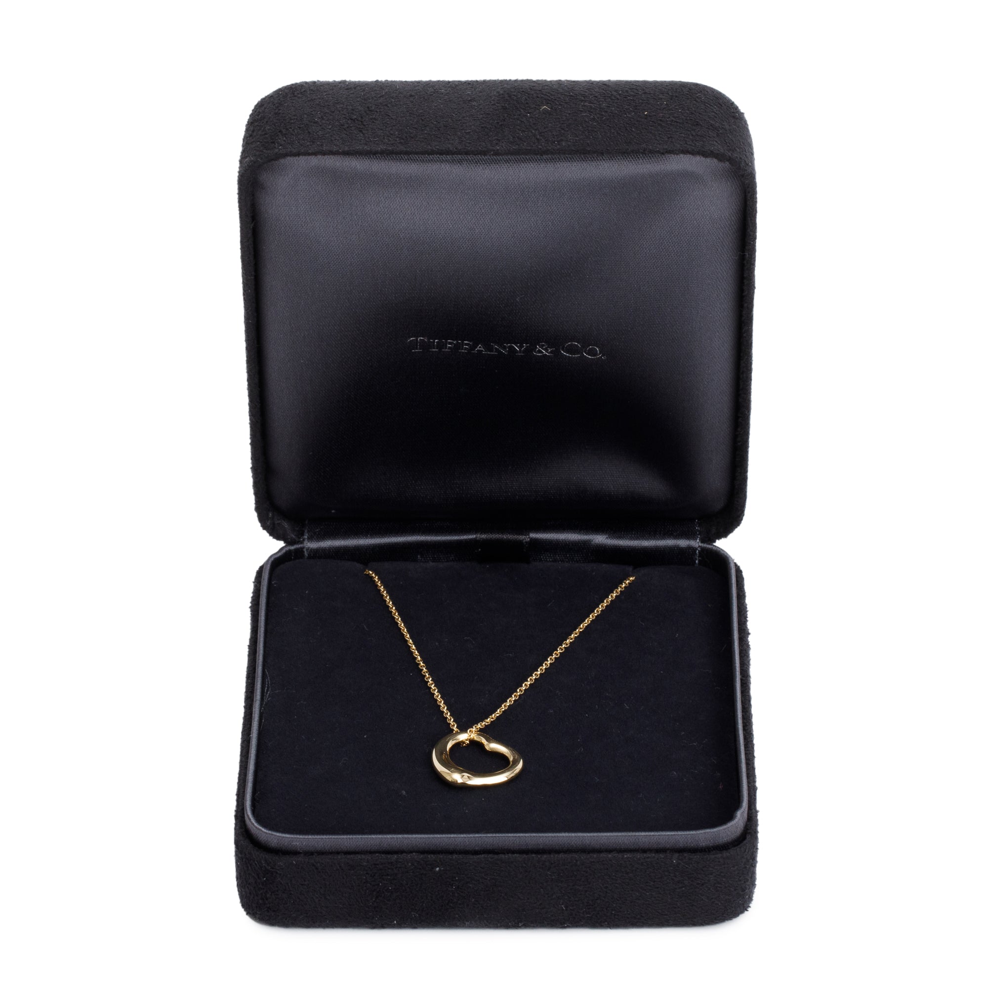 Tiffany & Co. Elsa Peretti 18k Yellow Gold 16 MM Open Heart Pendant Necklace w/ Box
