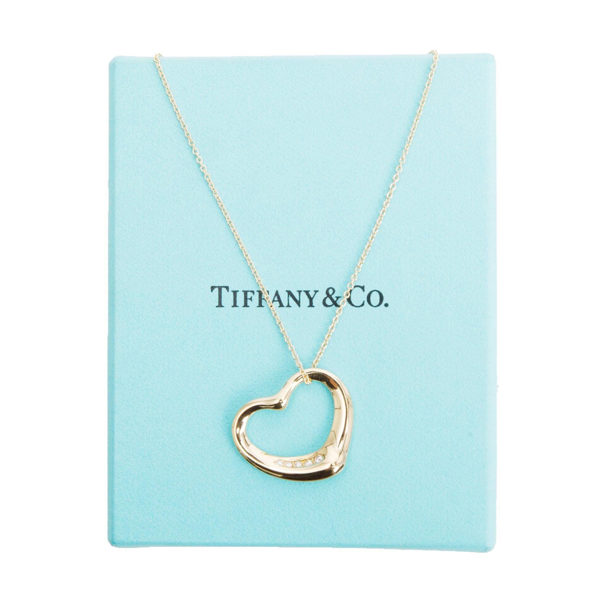 Tiffany & Co. Elsa Peretti 18k Yellow Gold Diamond 22 MM Open Heart Pendant Necklace w/ Box