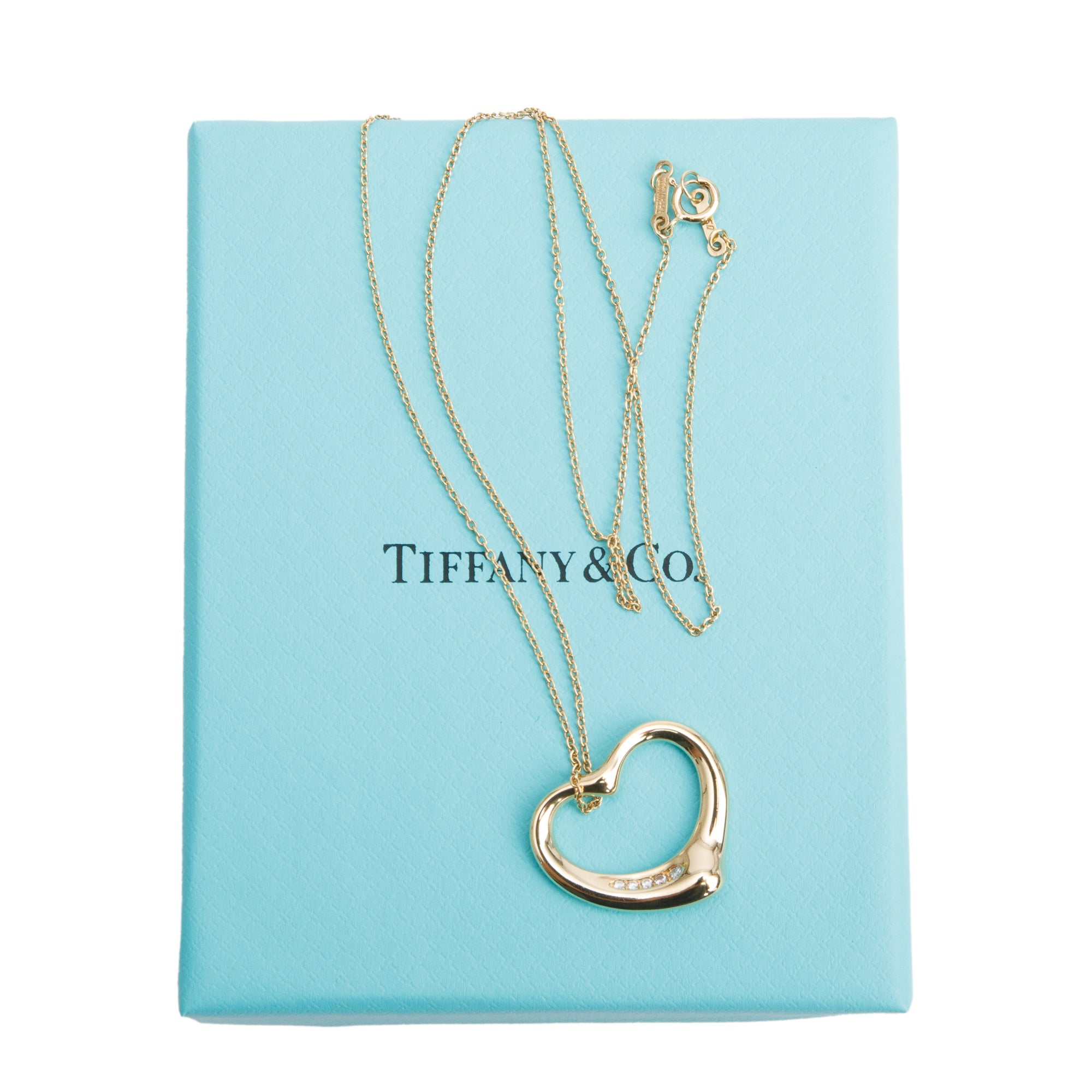Tiffany & Co. Elsa Peretti 18k Yellow Gold Diamond 22 MM Open Heart Pendant Necklace w/ Box