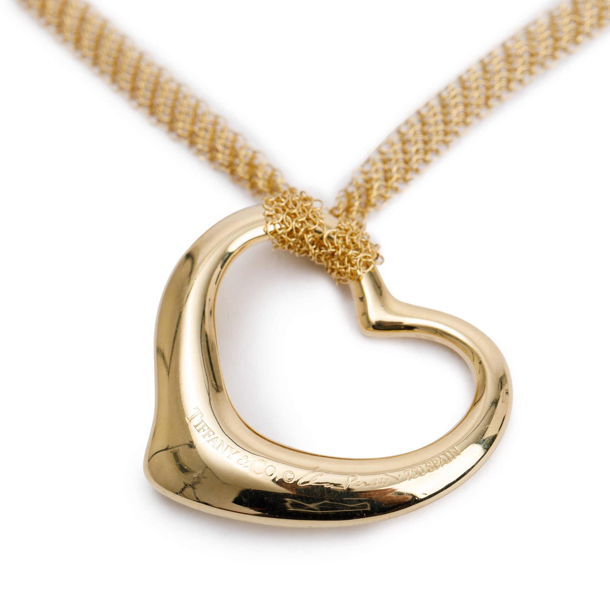 Tiffany & Co. Elsa Peretti 18k Yellow Gold Large 36MM Open Heart Pendant Mesh Necklace