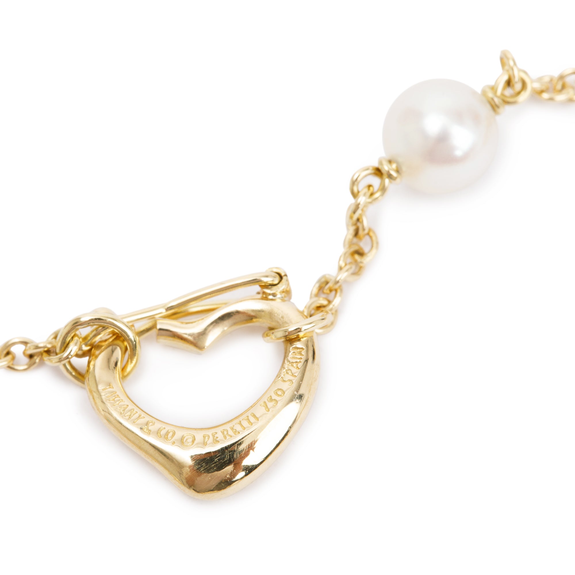 Tiffany & Co. Elsa Peretti 18k Yellow Gold Pearl Open Heart Bracelet w/ Box