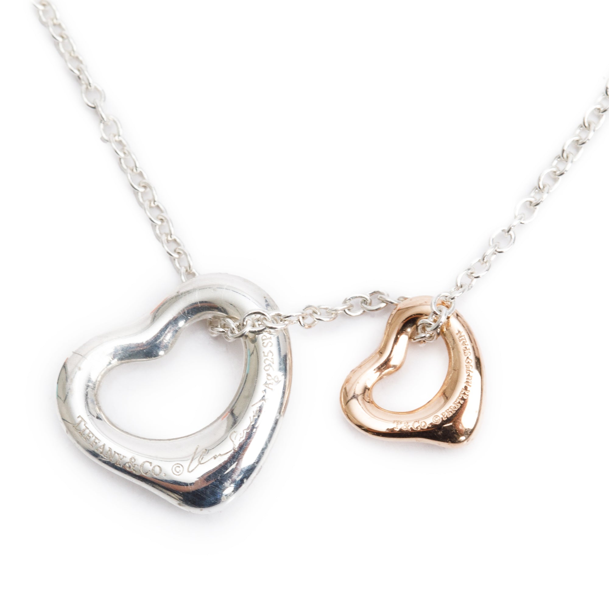 Tiffany & Co. Elsa Peretti Sterling Silver & 18k Rose Gold Extra Mini Open Heart Pendant Necklace w/ Box