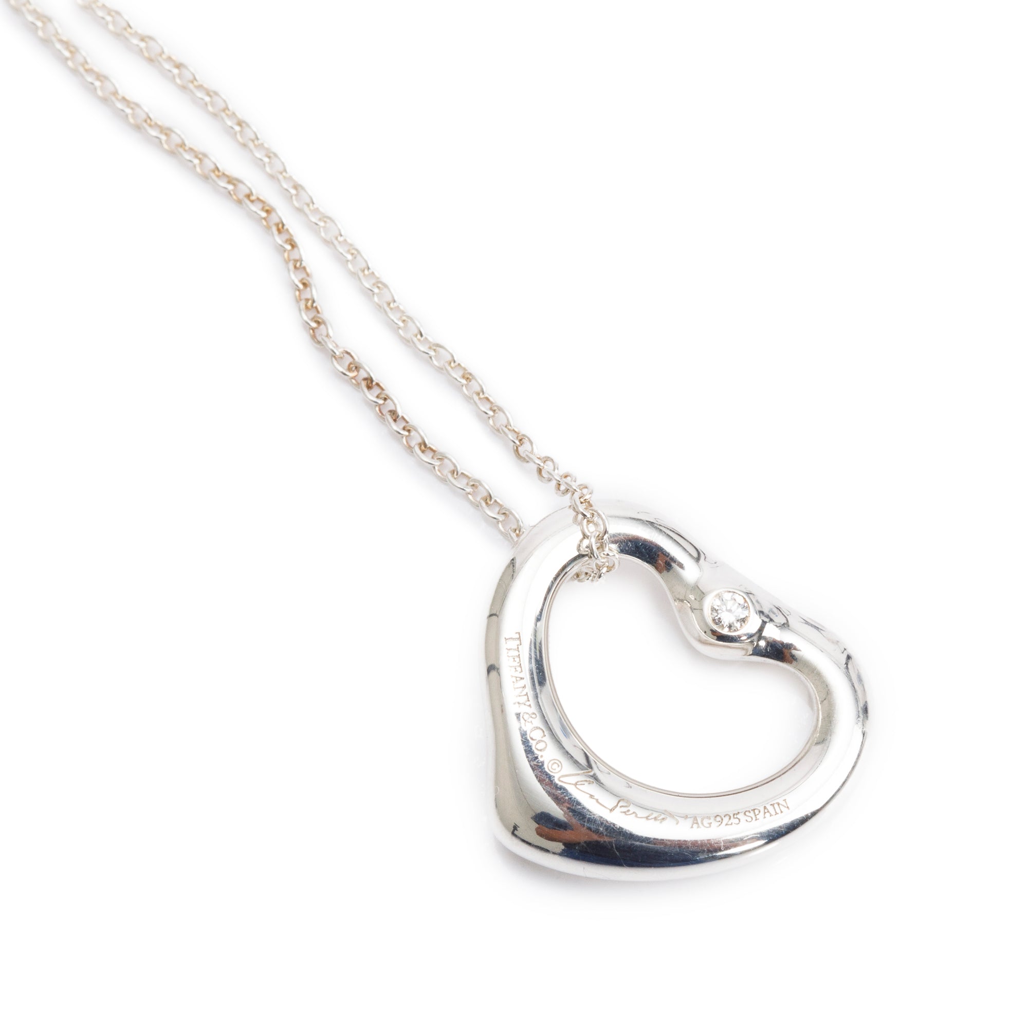 Tiffany & Co. Elsa Peretti Sterling Silver Diamond 16 MM Open Heart Pendant Necklace