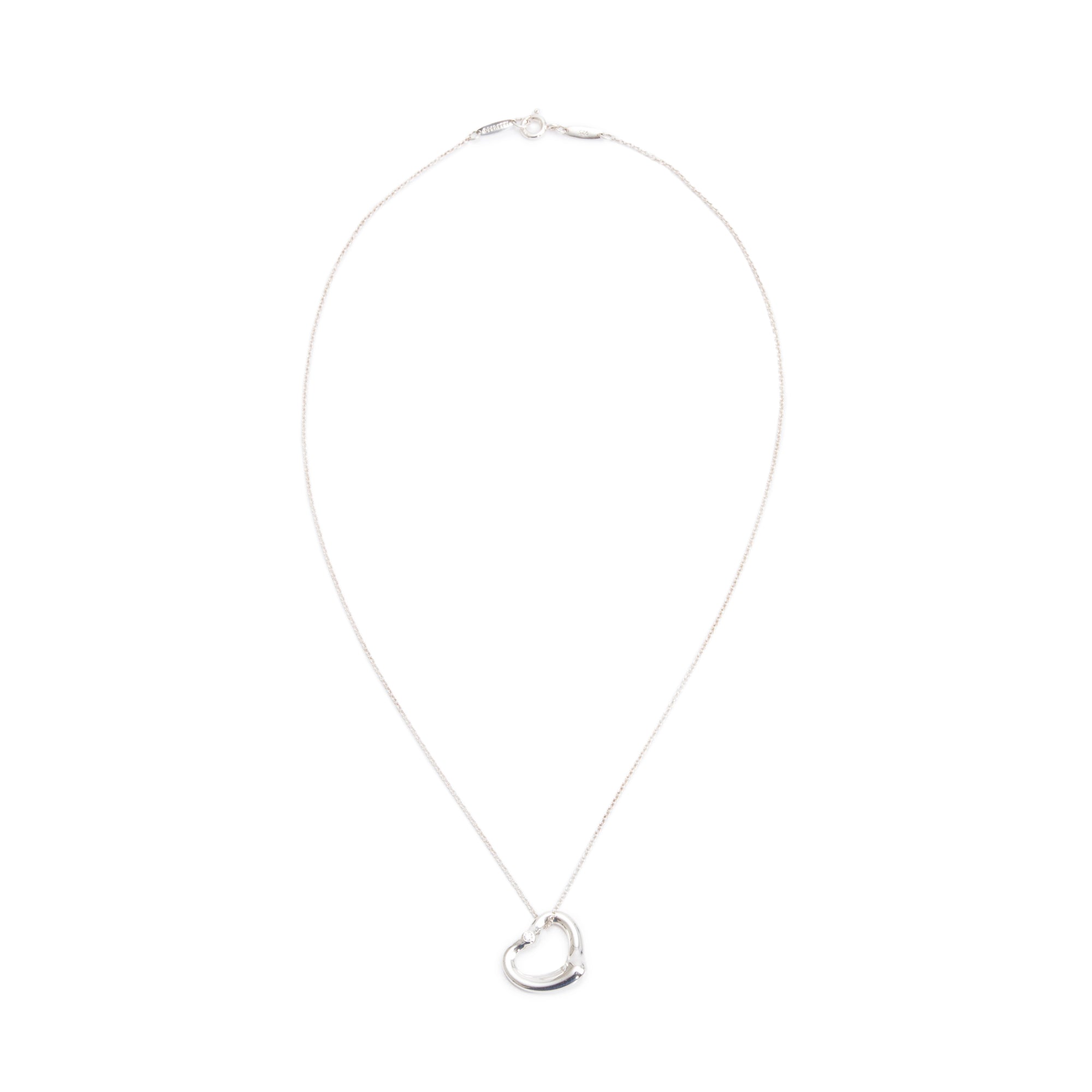 Tiffany & Co. Elsa Peretti Sterling Silver Diamond 16 MM Open Heart Pendant Necklace