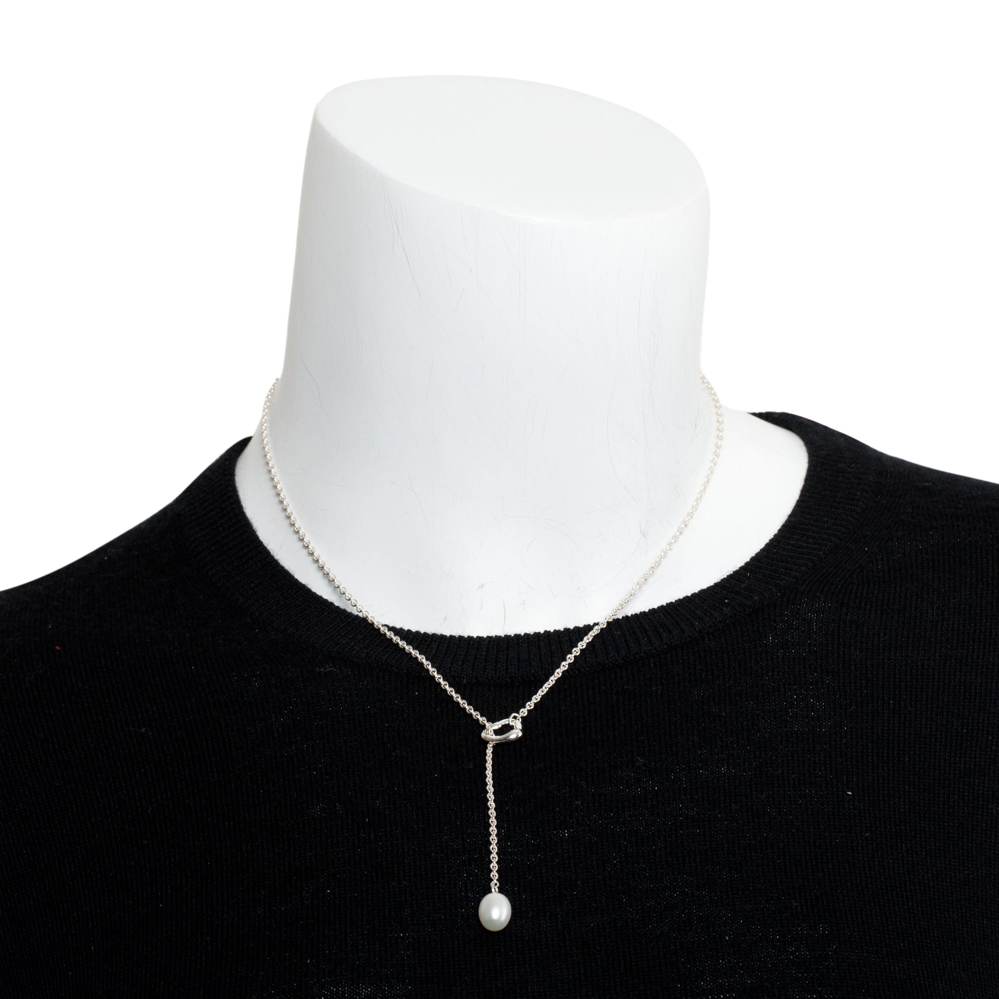 Tiffany & Co. Elsa Peretti Sterling Silver Open Heart Pearl Lariat Necklace