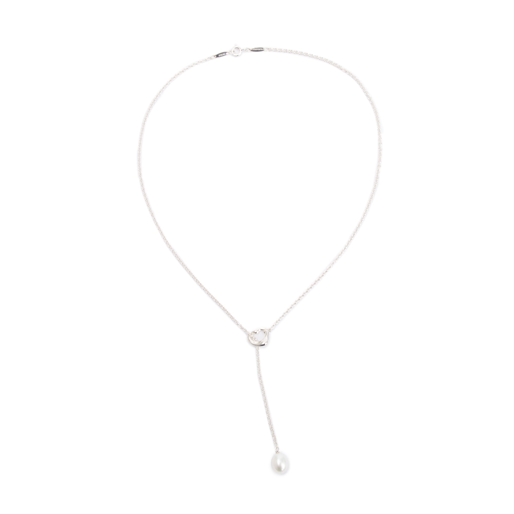 Tiffany & Co. Elsa Peretti Sterling Silver Open Heart Pearl Lariat Necklace