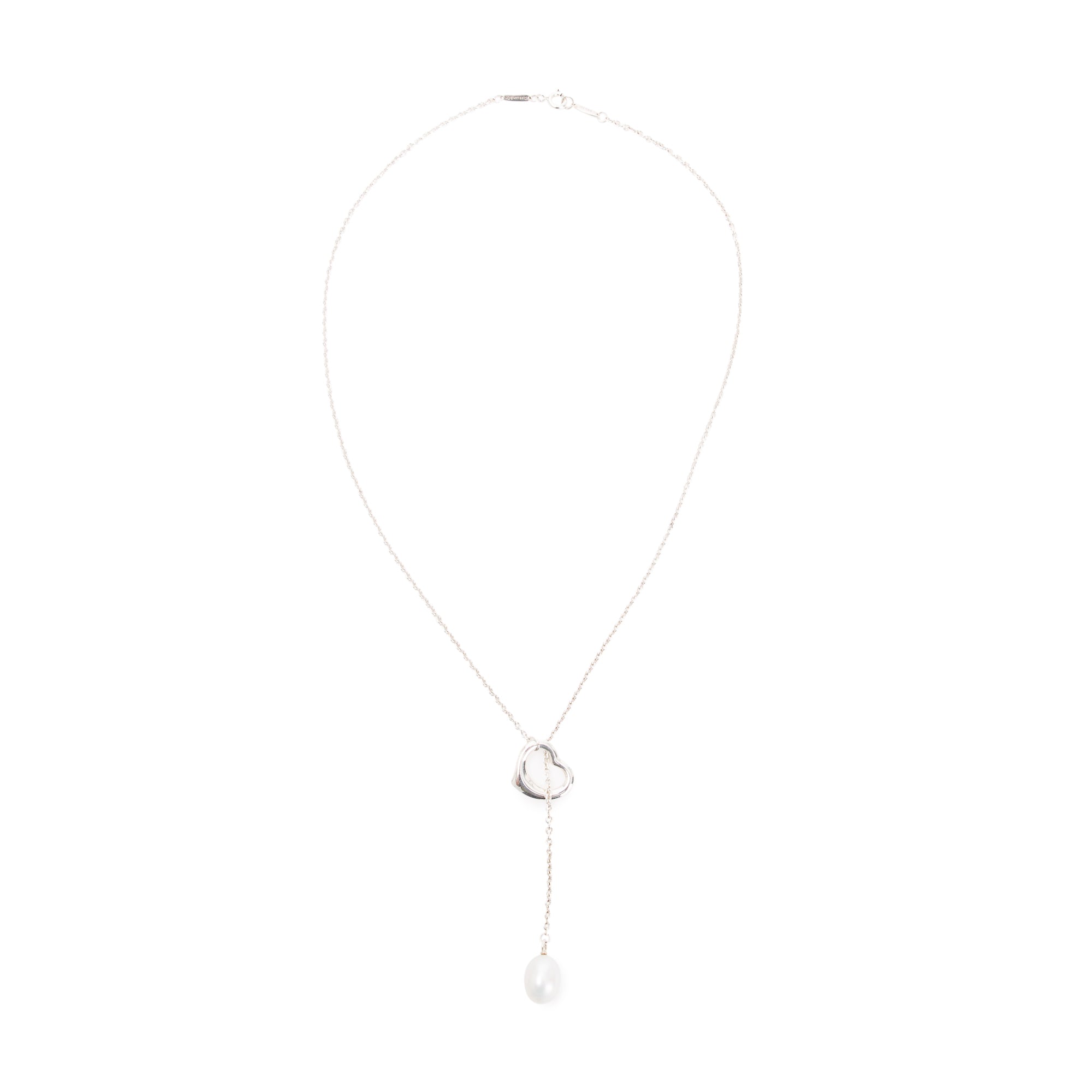 Tiffany & Co. Elsa Peretti Sterling Silver Open Heart Pearl Lariat Necklace, 9-9.5 mm
