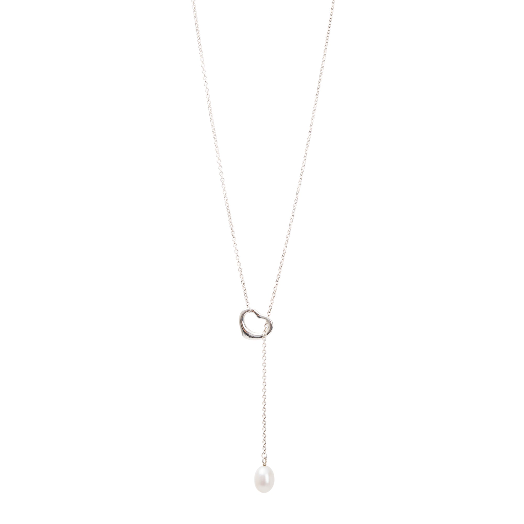 Tiffany & Co. Elsa Peretti Sterling Silver Open Heart Pearl Lariat Necklace, 9-9.5 mm